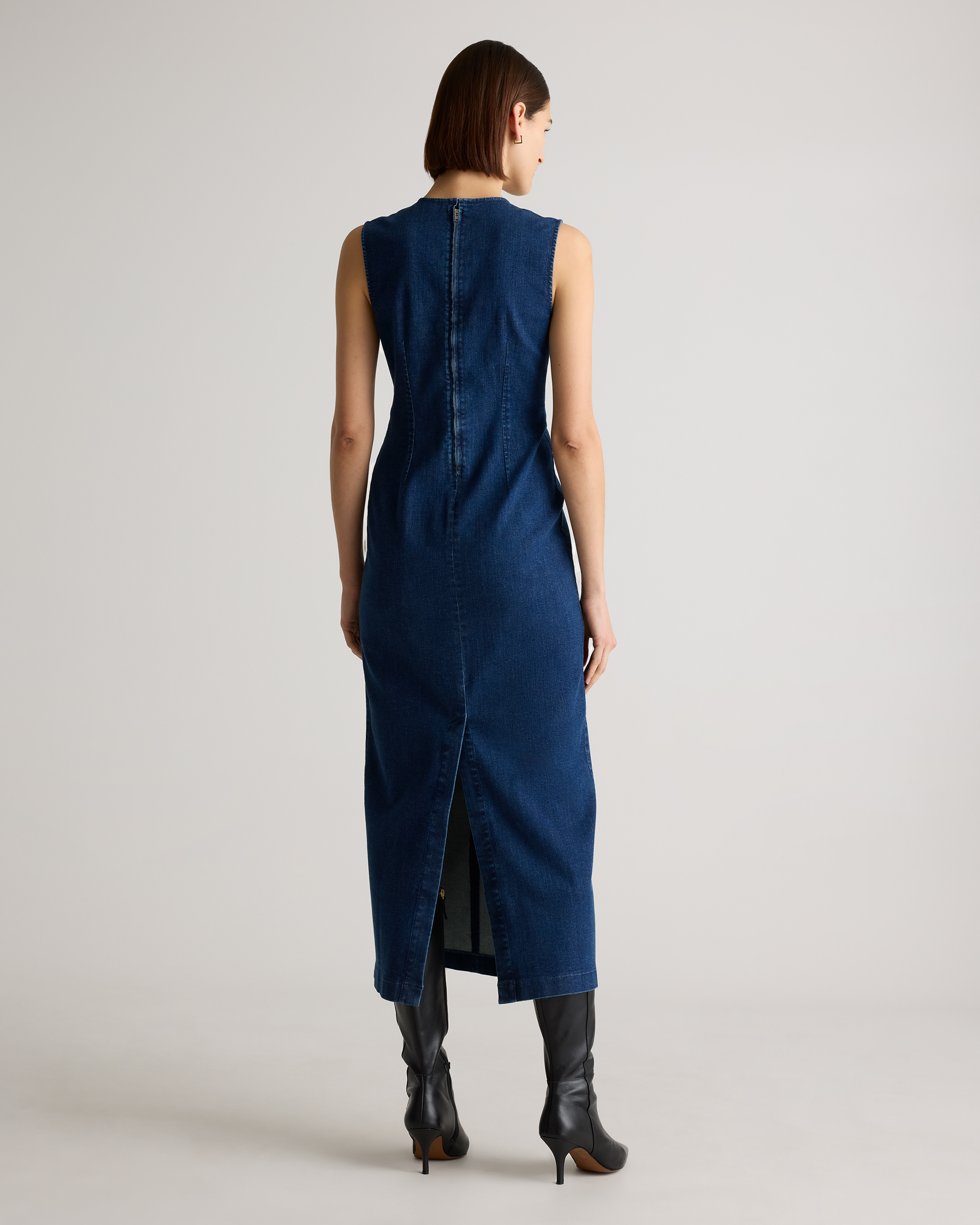 knee length dresses for ladies Dark Blue Denim Sleeveless Stretch Column Midi Dress