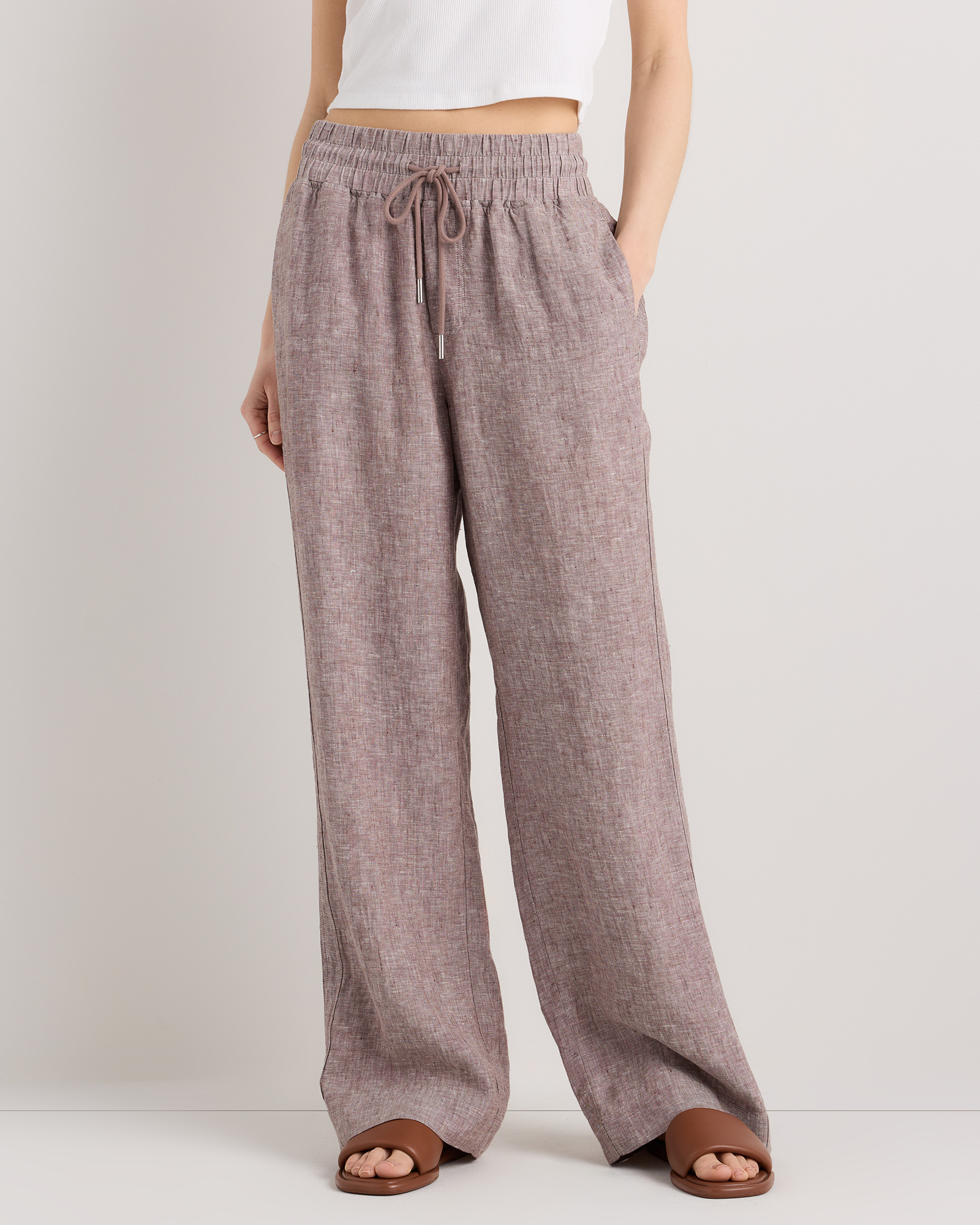 Taupe Brown Chambray 100% European Linen Wide Leg Pants