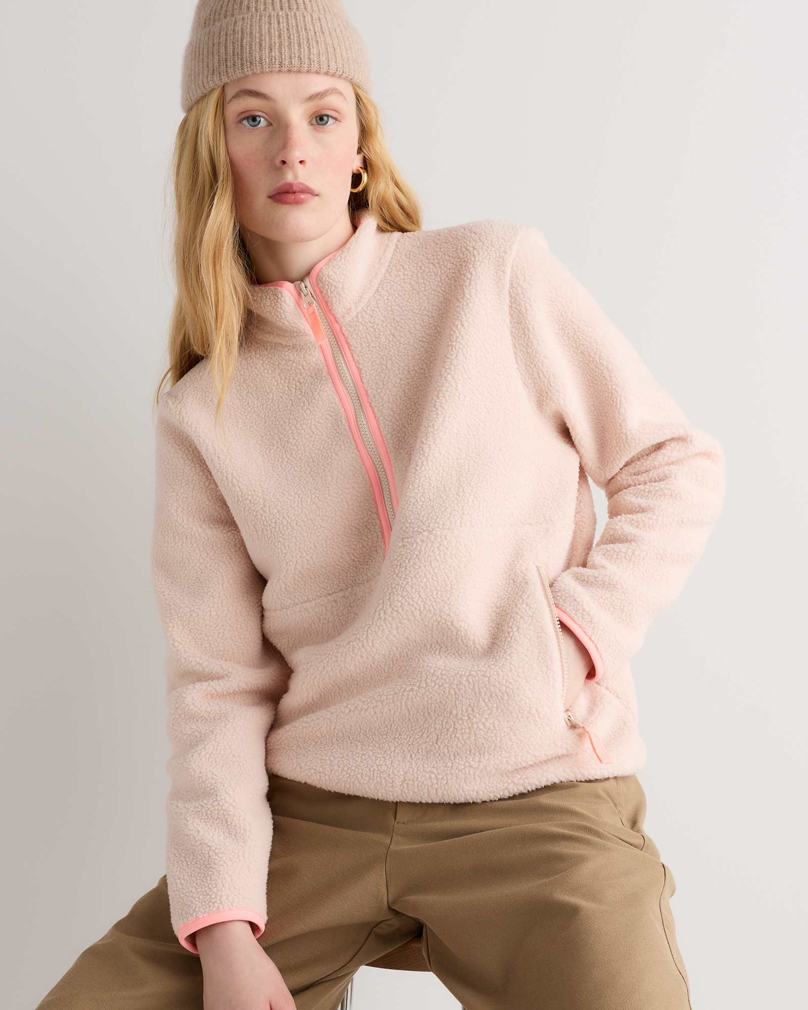 Sherpa Half-Zip Jacket in Pale Pink/Hibiscus