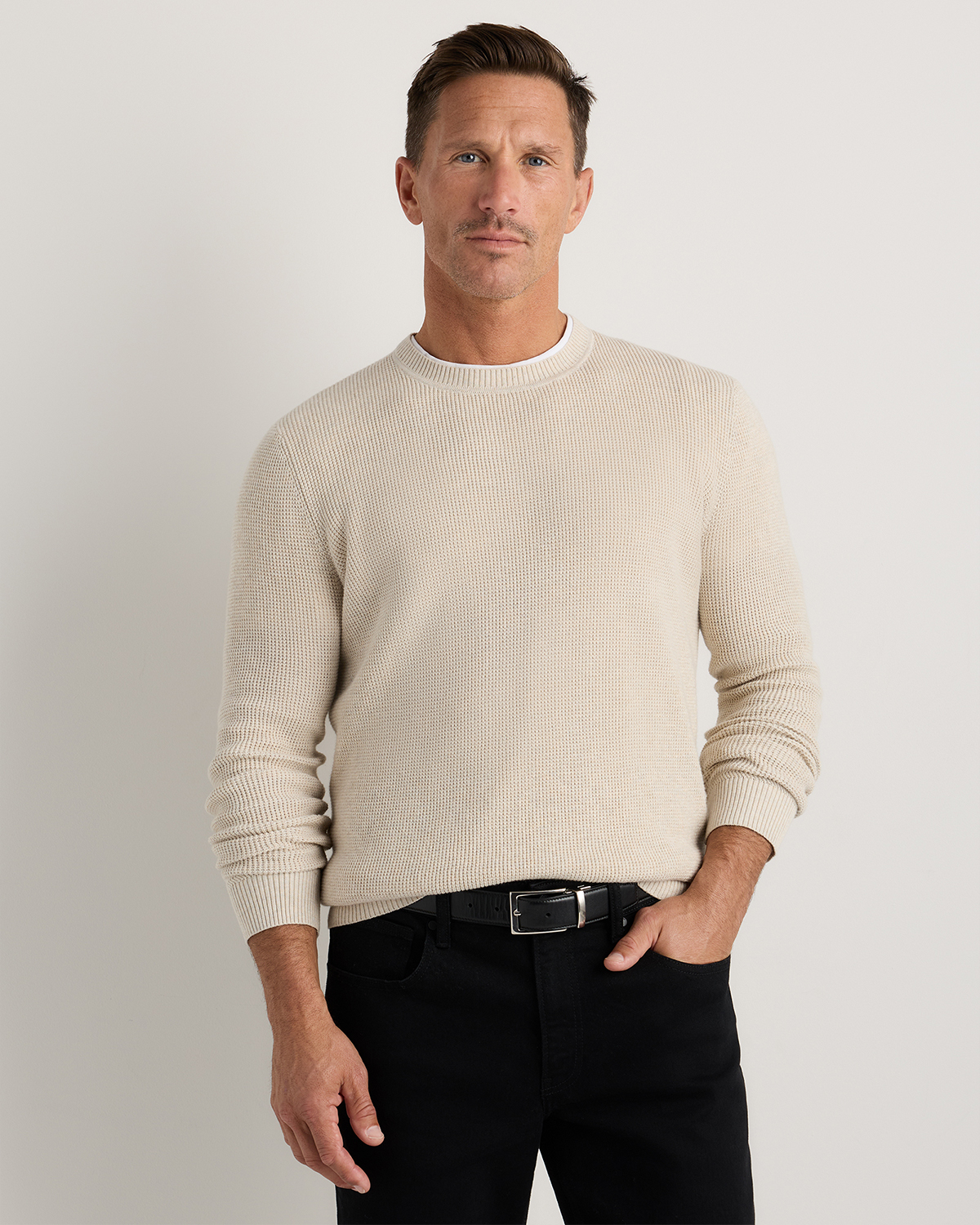 Speckled Beige Organic Cotton Cashmere Waffle Crewneck Sweater