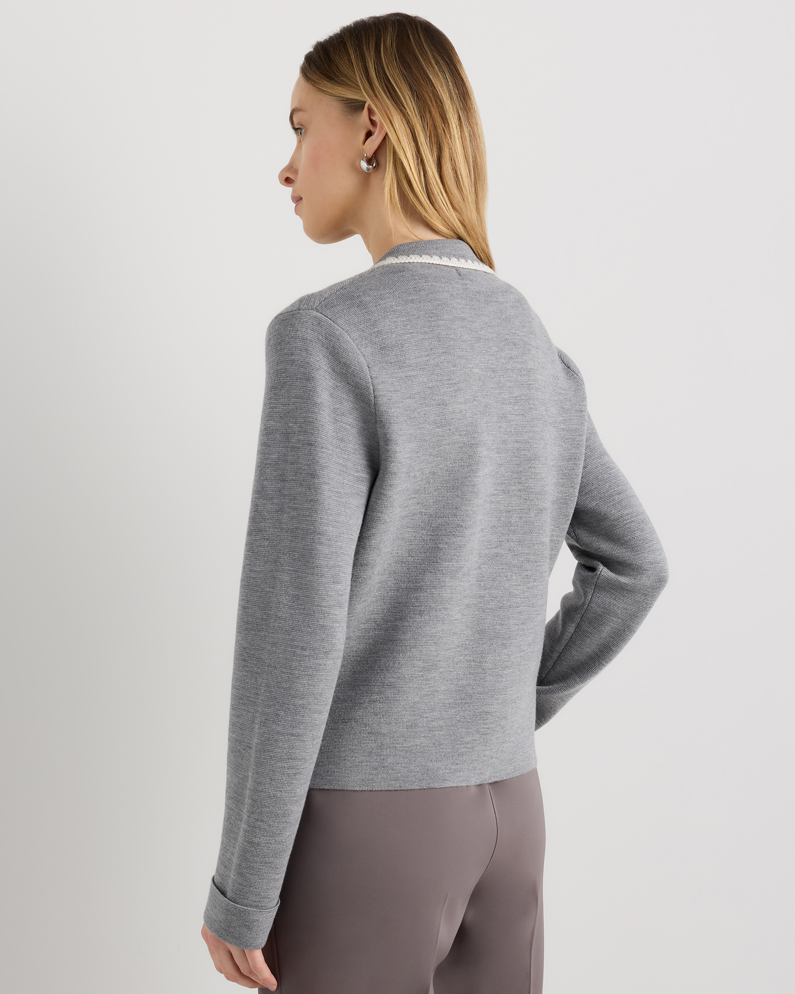 Australian Merino Wool Crochet Structured Cardigan in Heather Grey