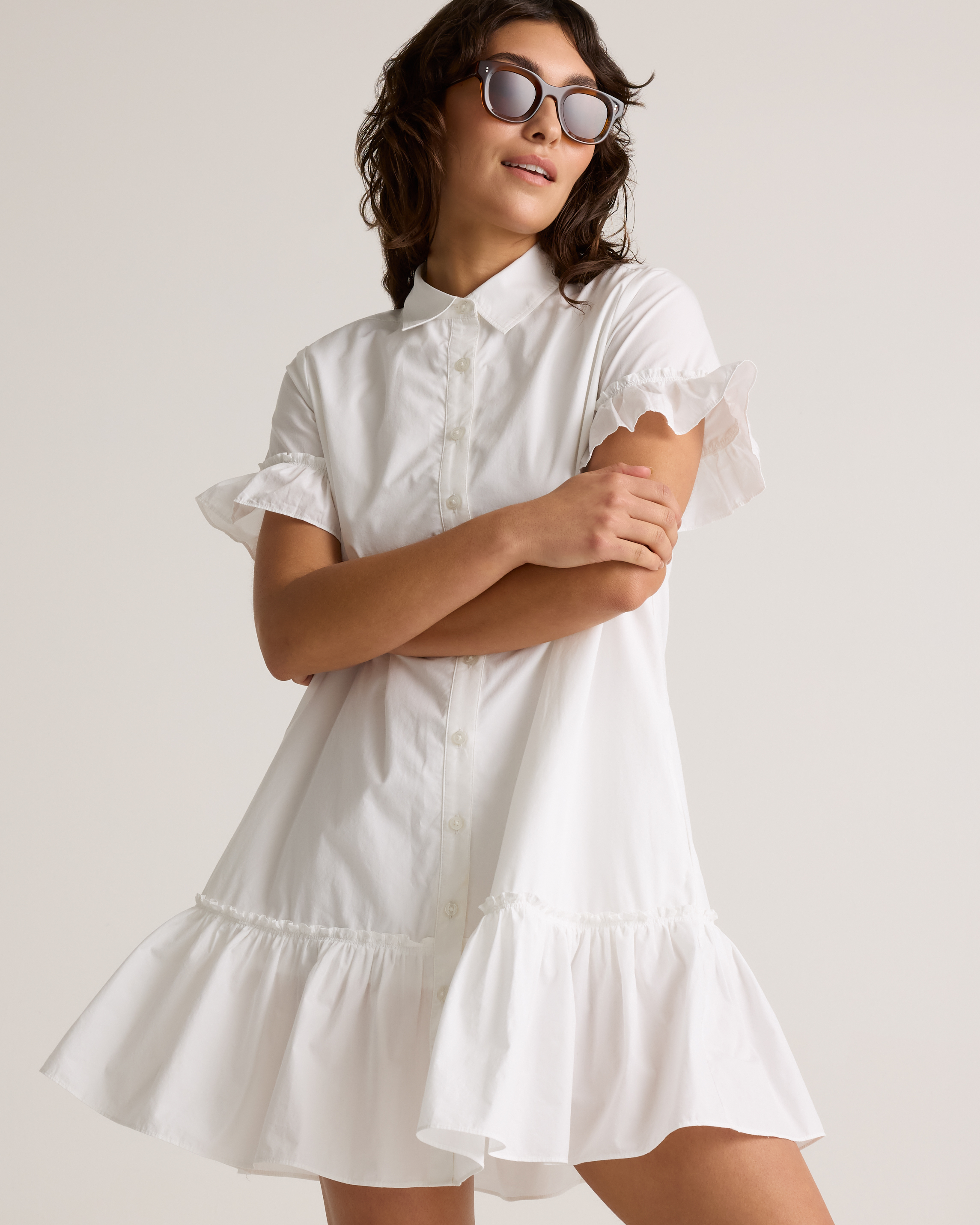 Women's 100% Organic Cotton Poplin Short Sleeve Ruffle Shirt Dress