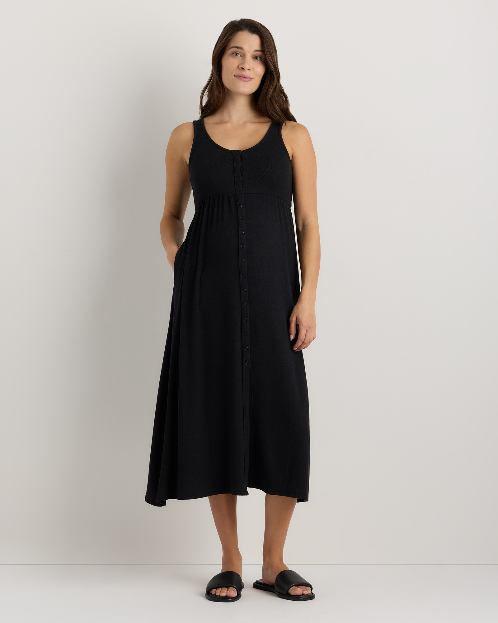 Bold Black Bamboo Maternity Sleeveless Button Front Dress