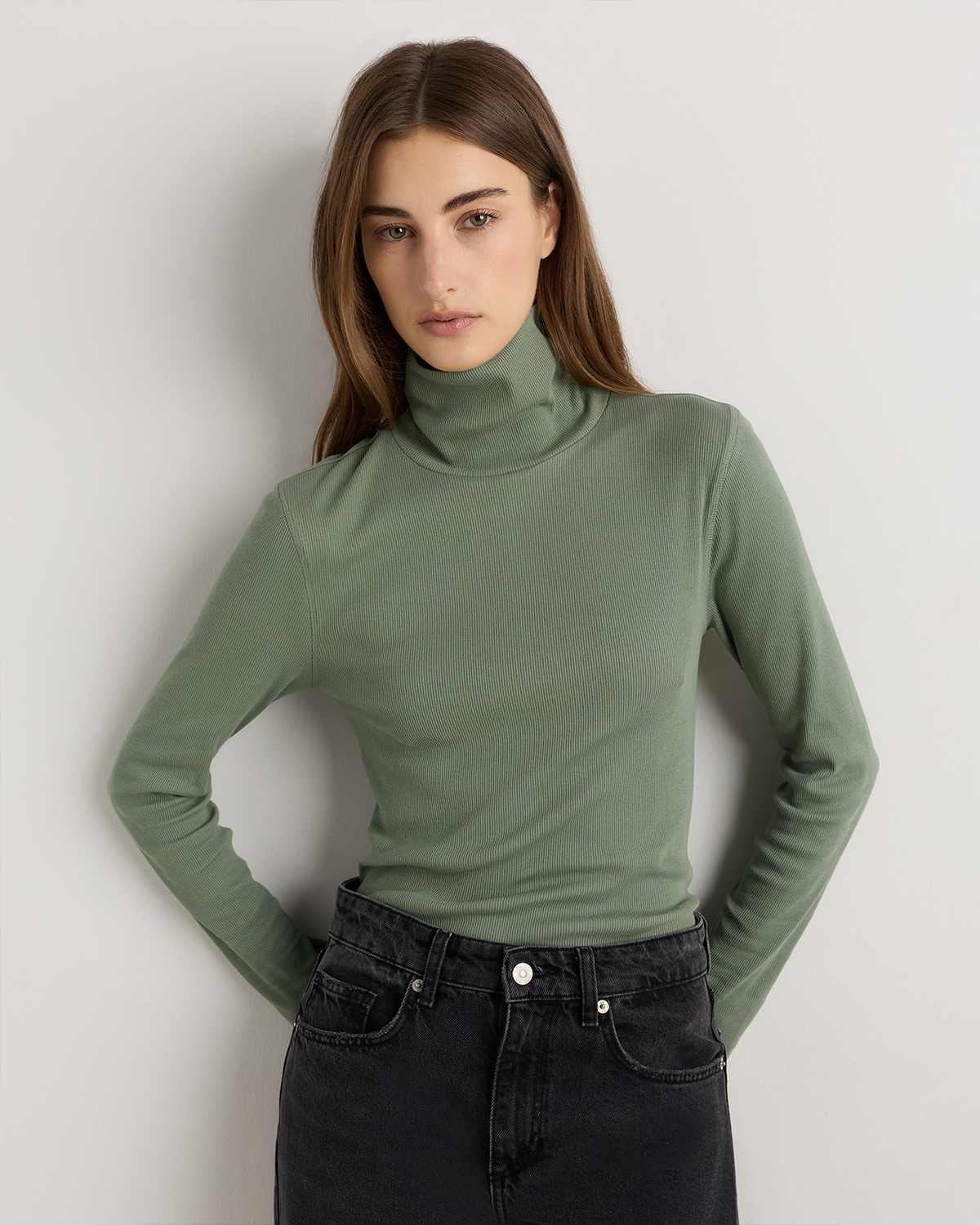 Sea Spray Green Col roulé en coton biologique à micro-côtes