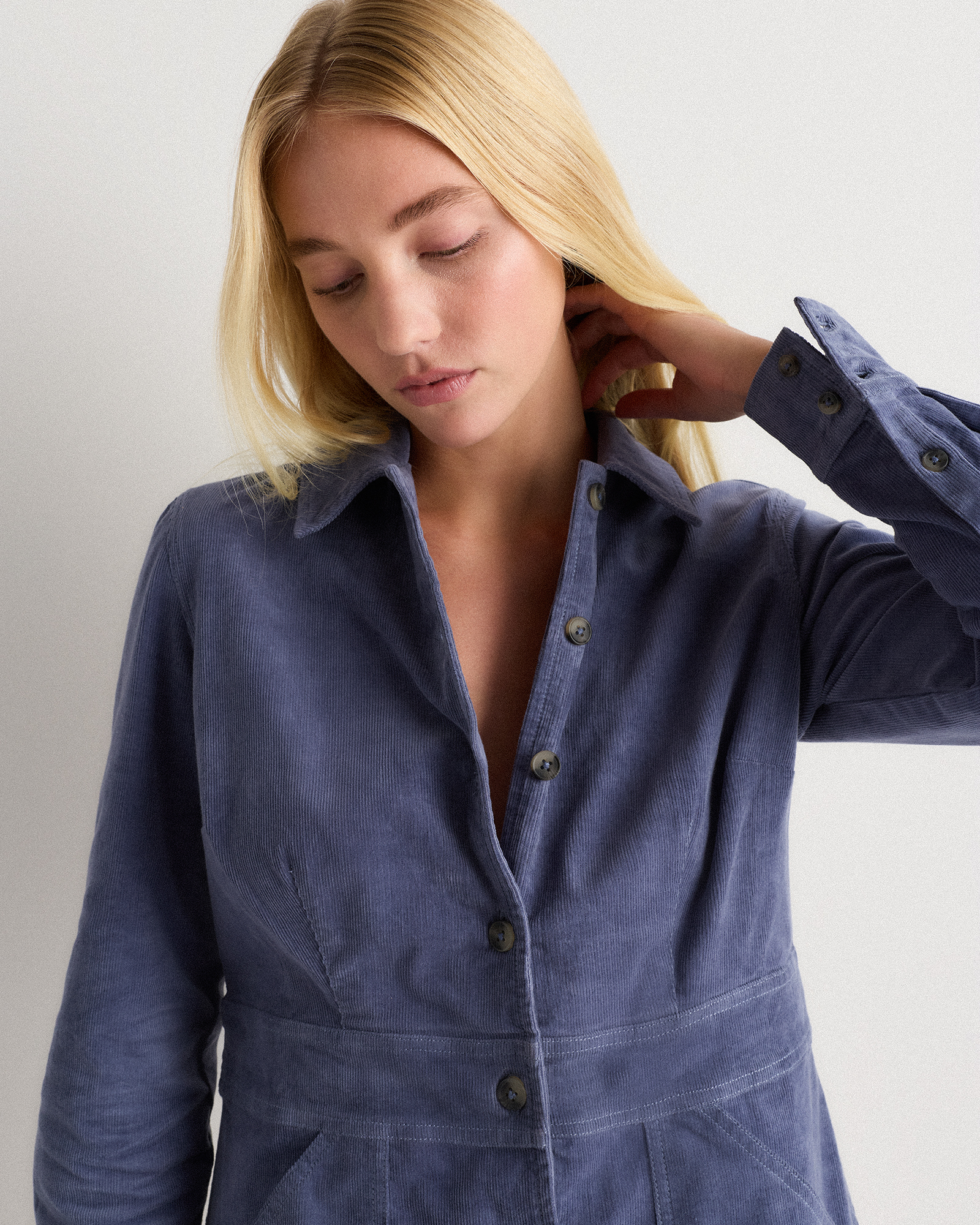 Organic Stretch Corduroy Mini Shirt Dress in Nightshadow Blue