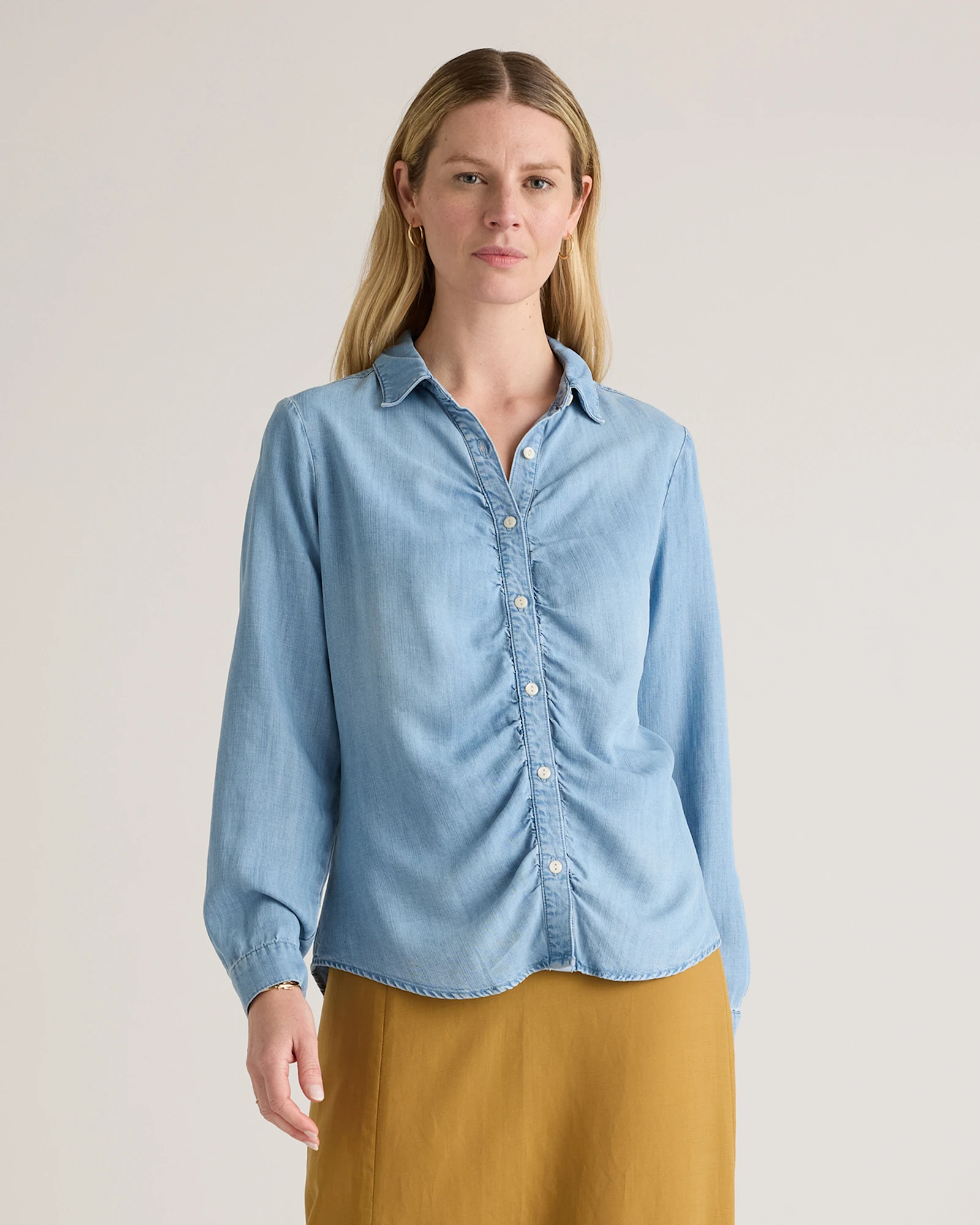 Chambray Tencel Shirred Long Sleeve Shirt