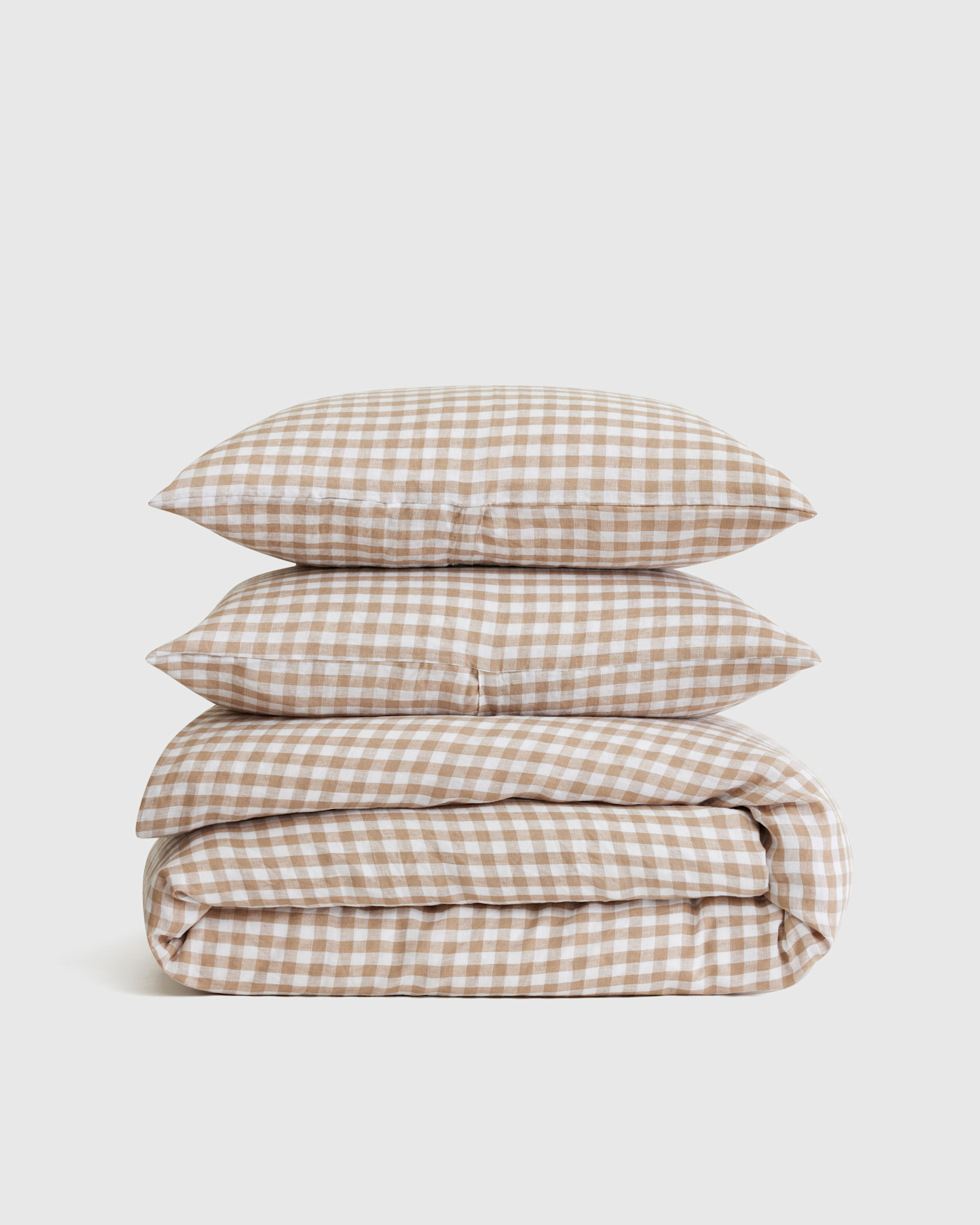 European Linen Gingham Duvet Cover Set - With Sham Set, Cafe