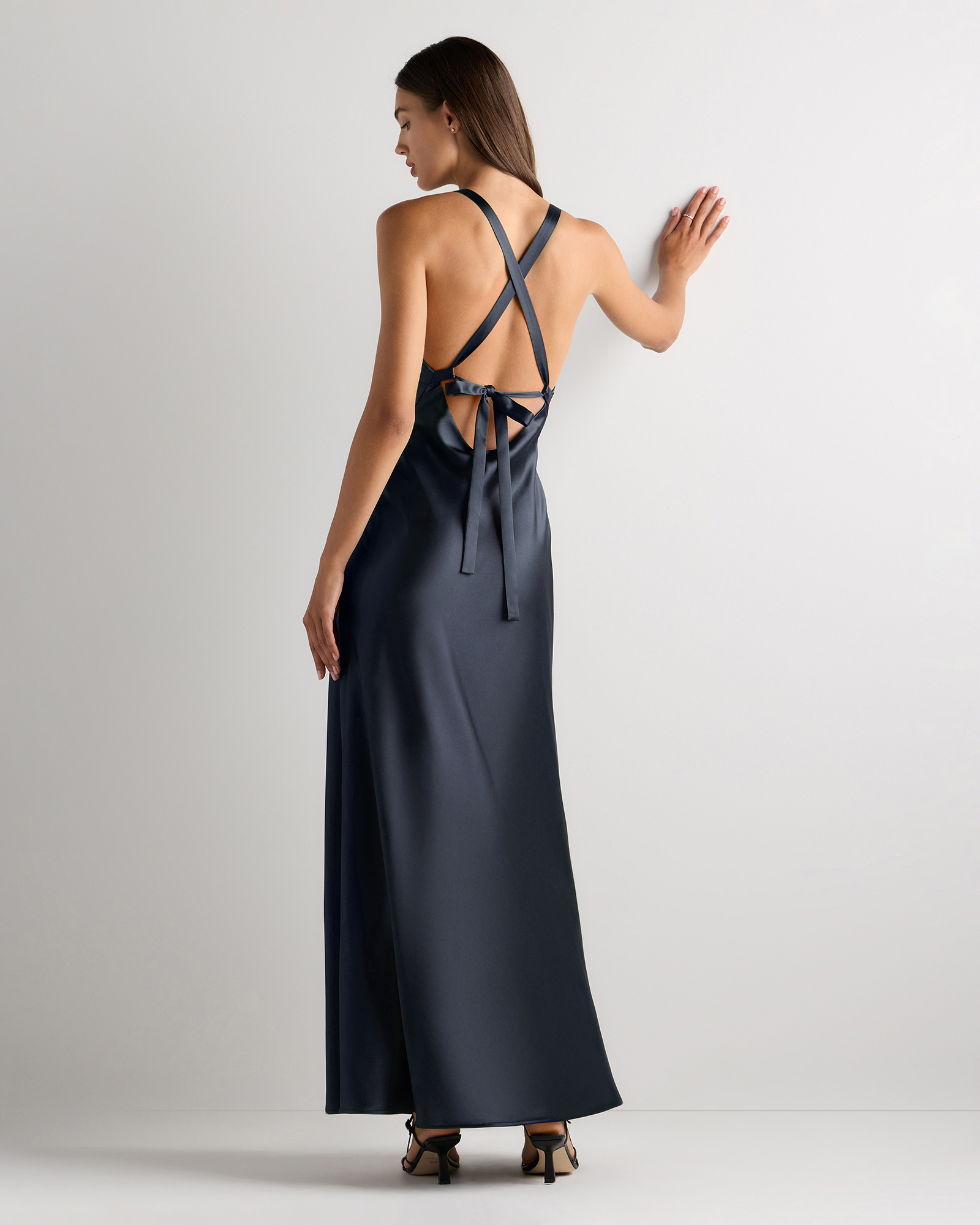 blue navy satin dress Women's Bianca Stretch in Navy, Size 16, Recycled Polyester by Quince Backless Pink Debs Dresses WHITE PARTY CLOTHING while spaghetti straps provide Black/silver:Size 16