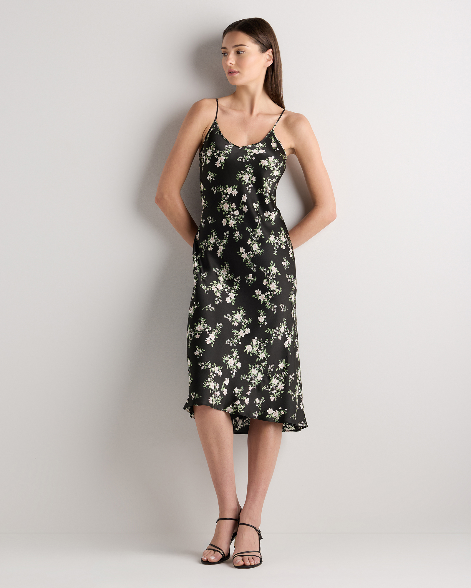 Black Vintage Pink Petite Floral 100% Washable Silk Slip Dress