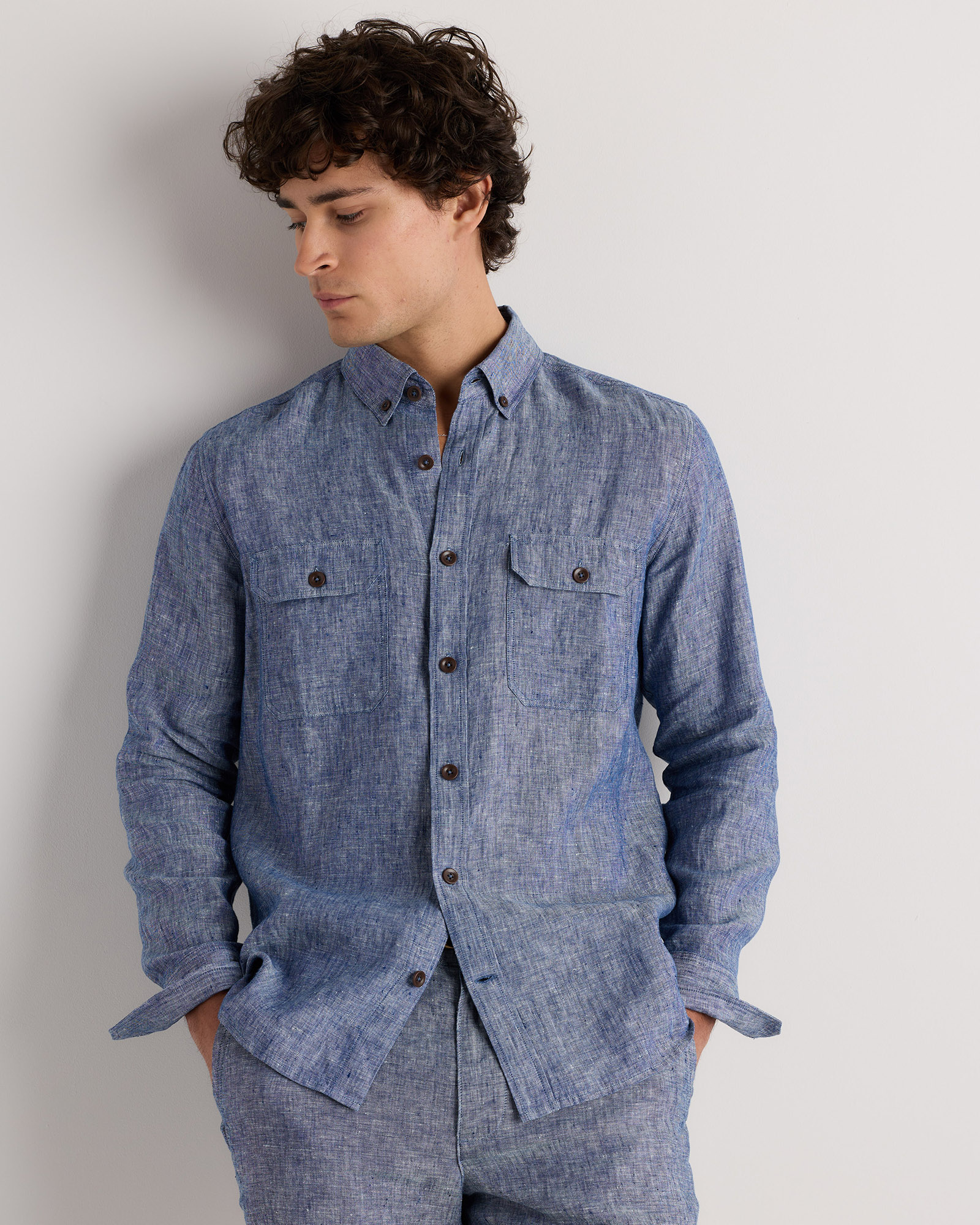 Chambray Blue 100% European Linen Utility Shirt