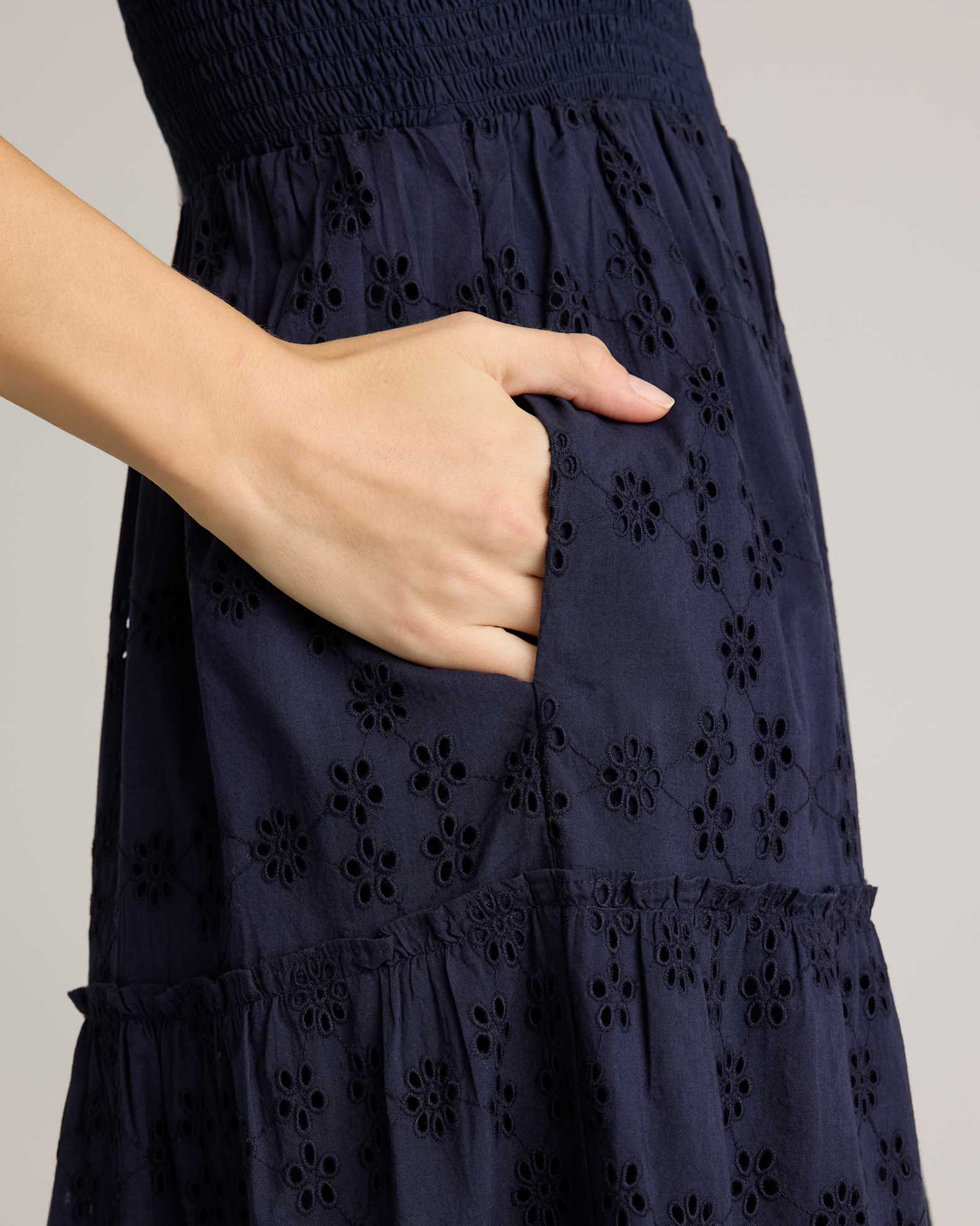 100% Organic Cotton Eyelet Smocked Midi Dress in Navy 100% Organic Cotton Eyelet Smocked Midi Dress in Navy