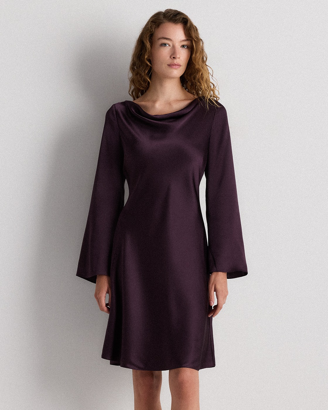 Deep Orchid Purple 100% Washable Silk Long Sleeve Mini Dress 