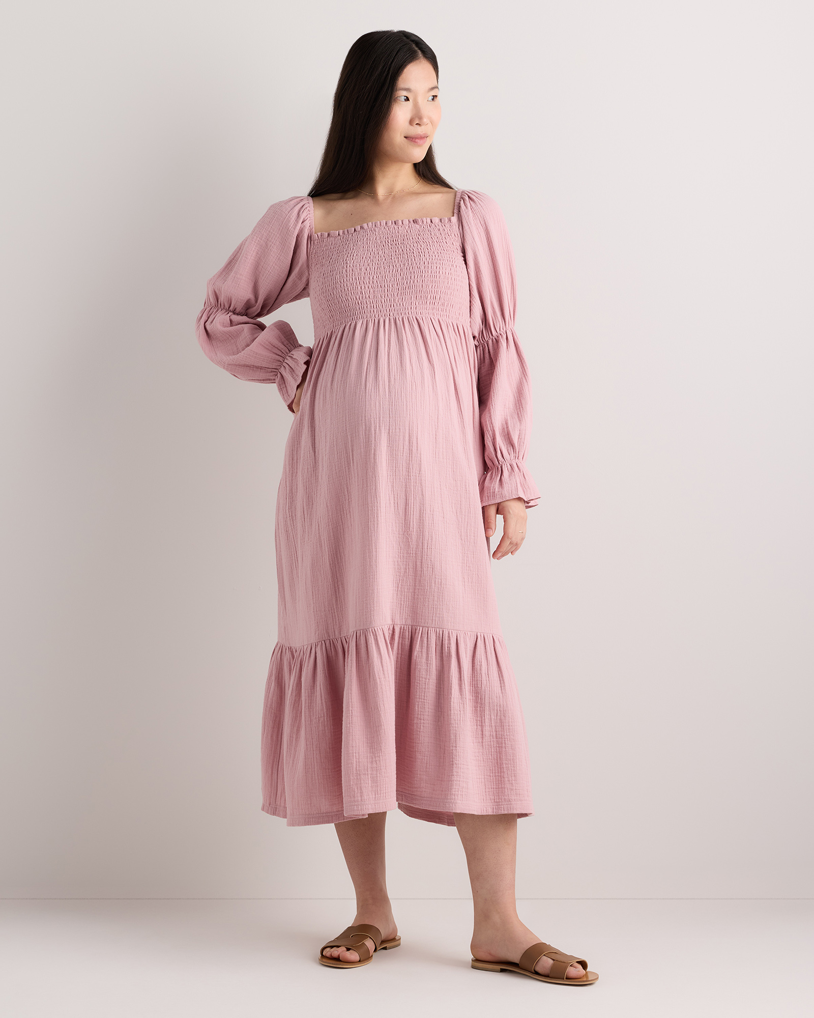 Rose Mauve Pink 100% Organic Cotton Gauze Maternity Smocked Midi Dress