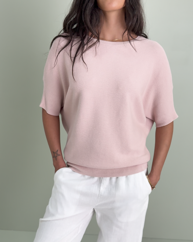 Lightweight Cotton Cashmere Link-Stitch Dolman Sweater - PDP Video Thumbnail (Sugar Stone, 4x5)