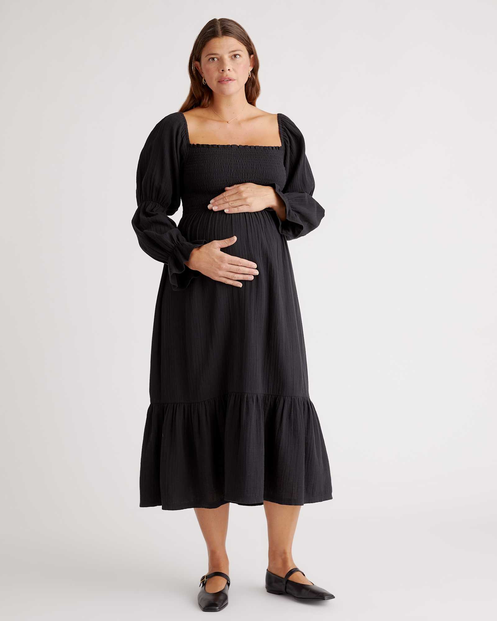100% Organic Cotton Gauze Maternity Smocked Midi Dress in Black 100% Organic Cotton Gauze Maternity Smocked Midi Dress in Black