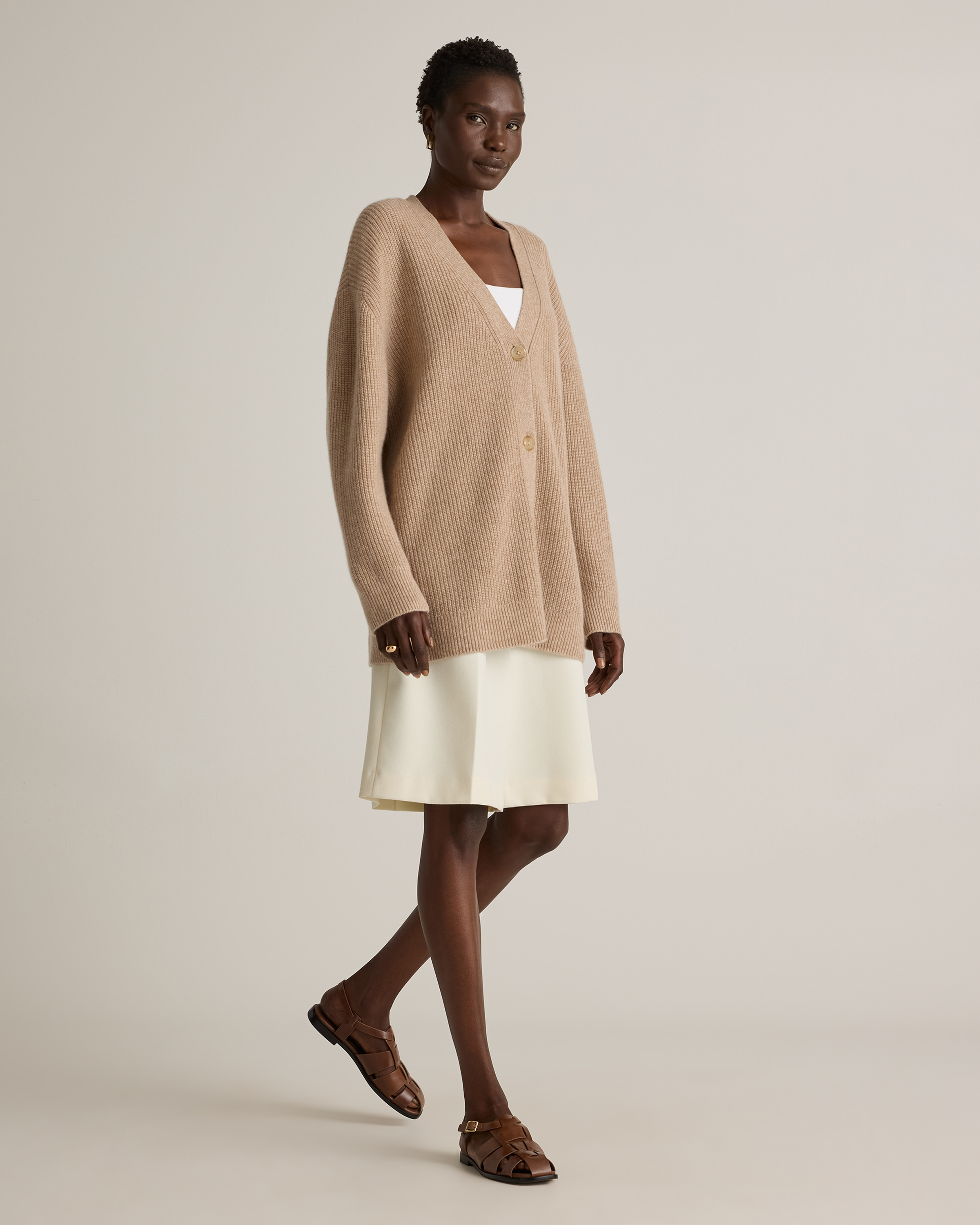 Mongolian Cashmere Oversized Boyfriend Cardigan Sweater in Oatmeal