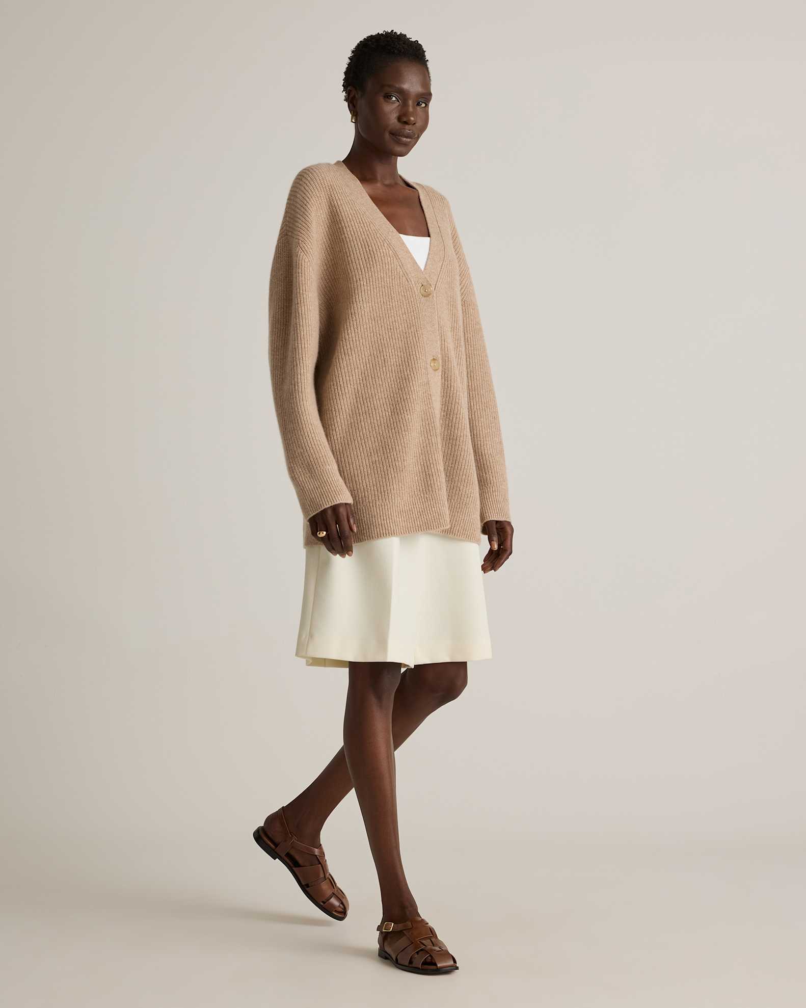 Mongolian Cashmere Oversized Boyfriend Cardigan Sweater in Oatmeal
