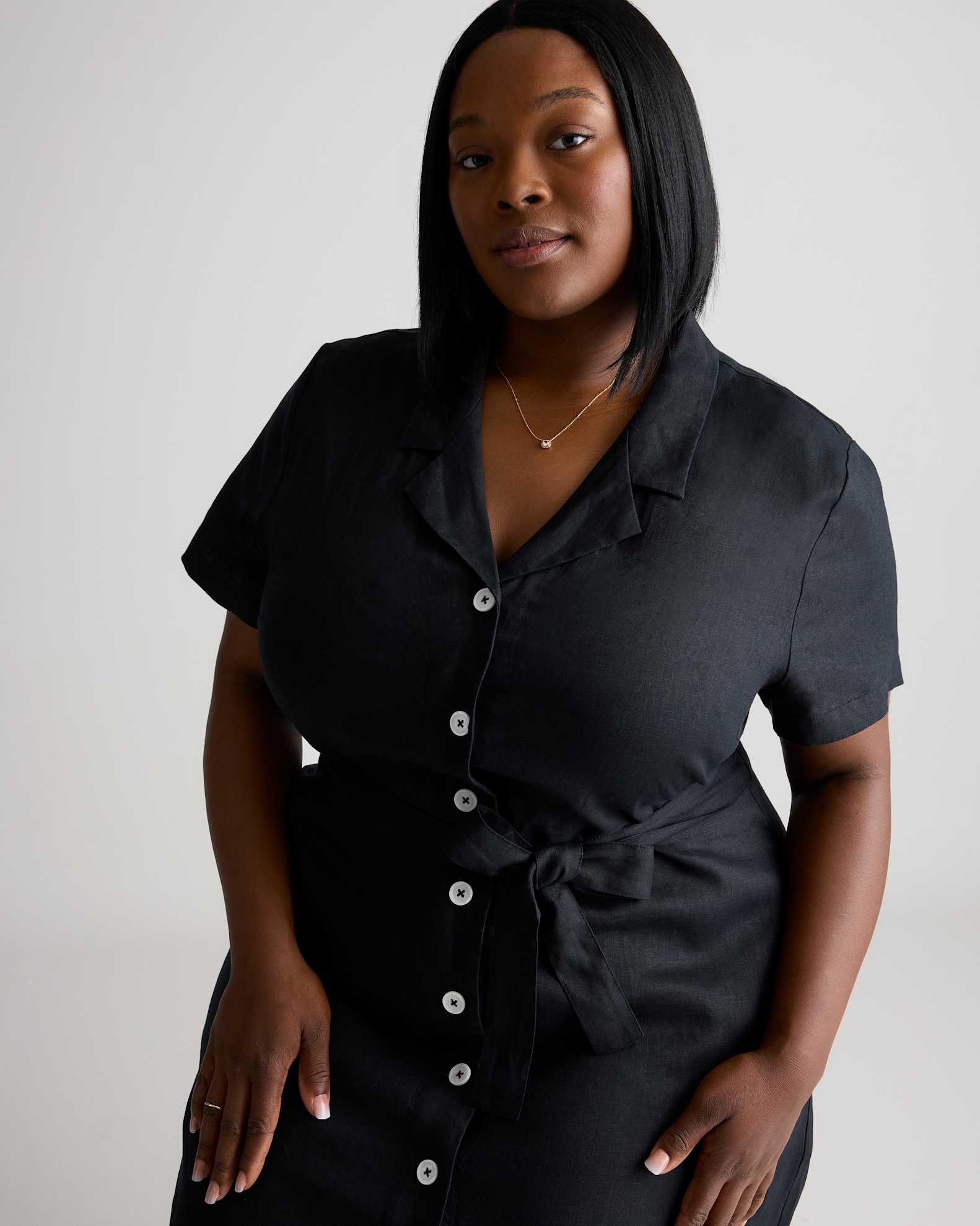 Extended Sizes 100% European Linen Button Front Dress - Plus Size in Black Extended Sizes 100% European Linen Button Front Dress - Plus Size in Black