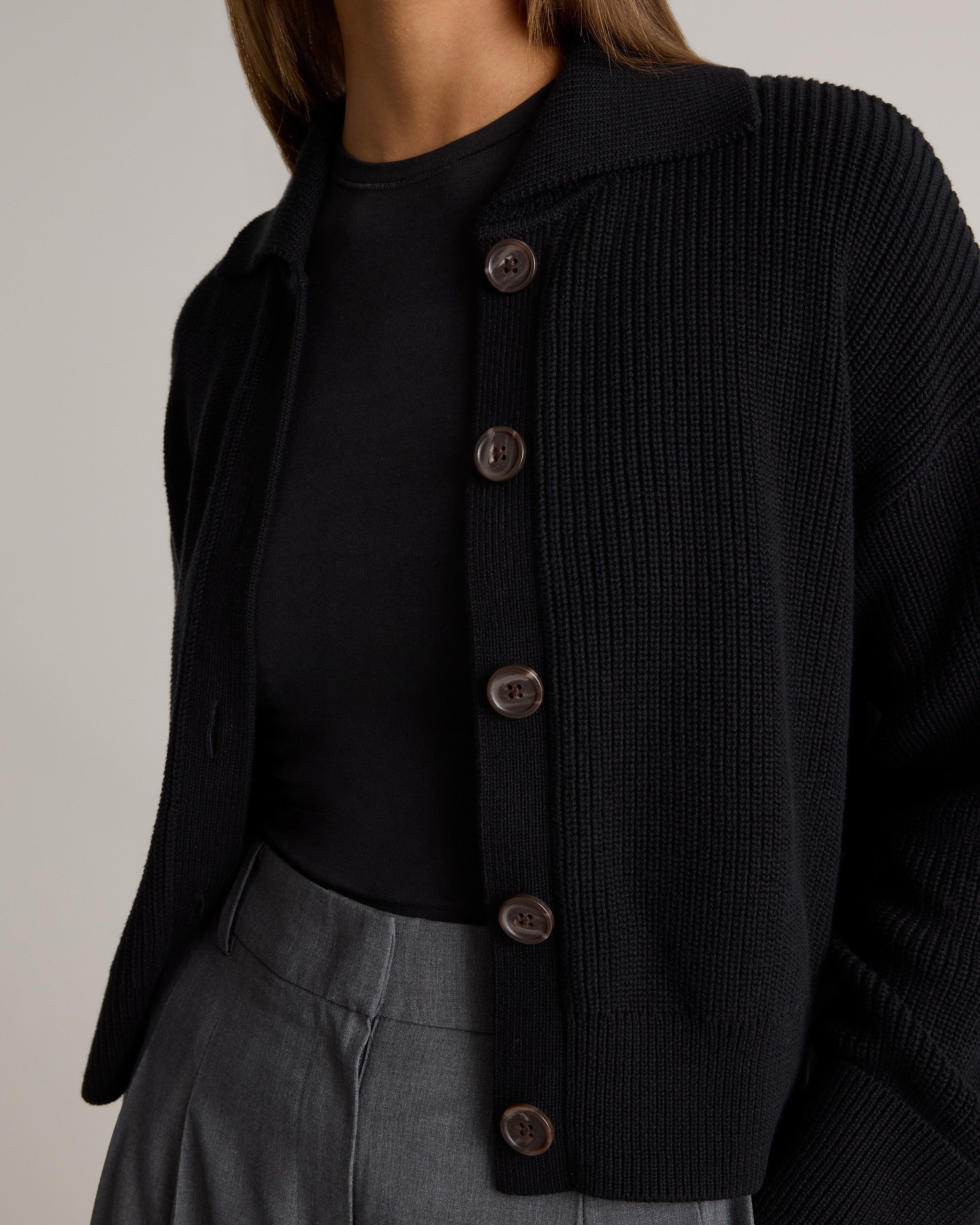 100% Organic Cotton Fisherman Collared Cardigan in Black