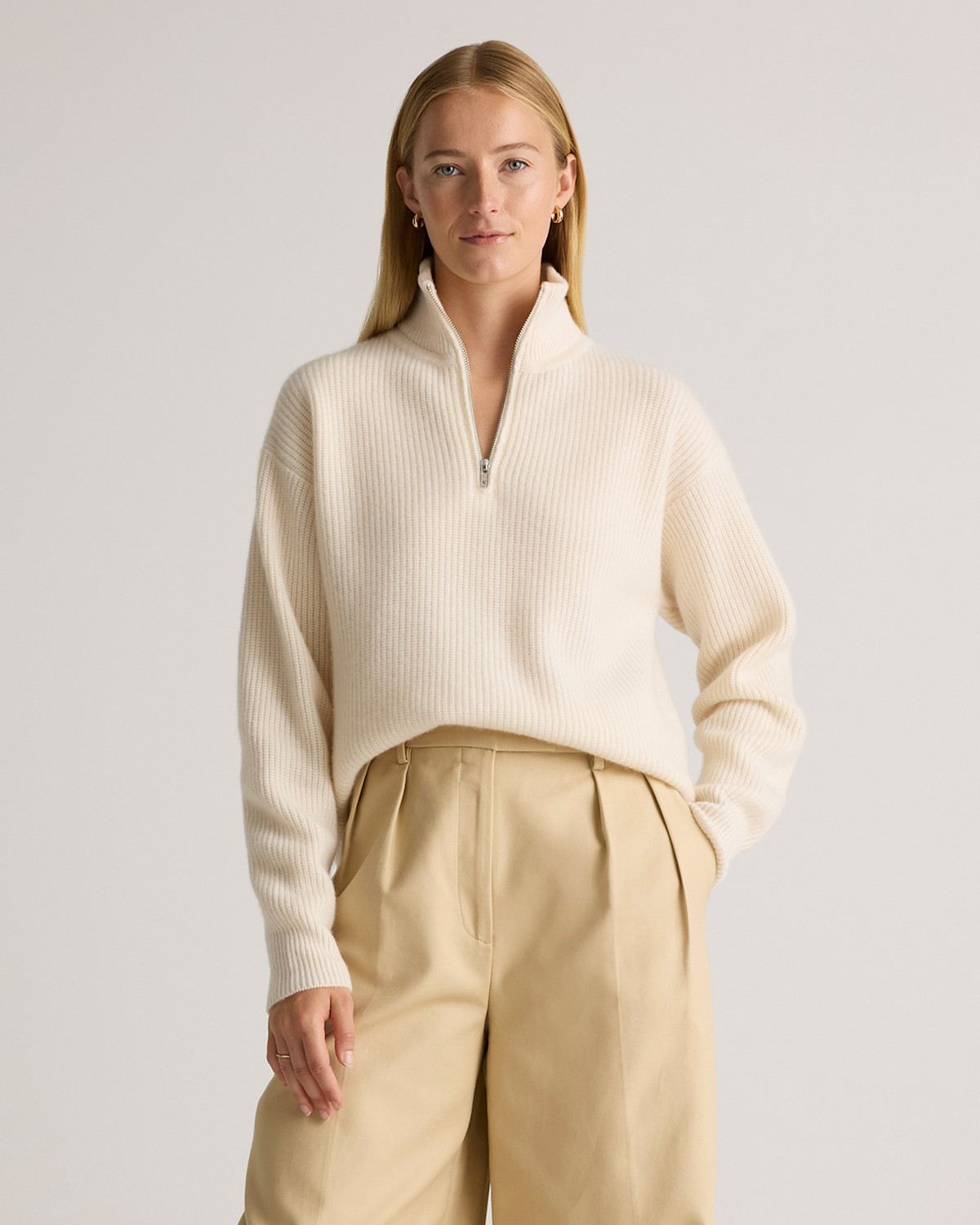 Quince Mongolian Cashmere Fisherman Quarter Zip Sweater in Ivory