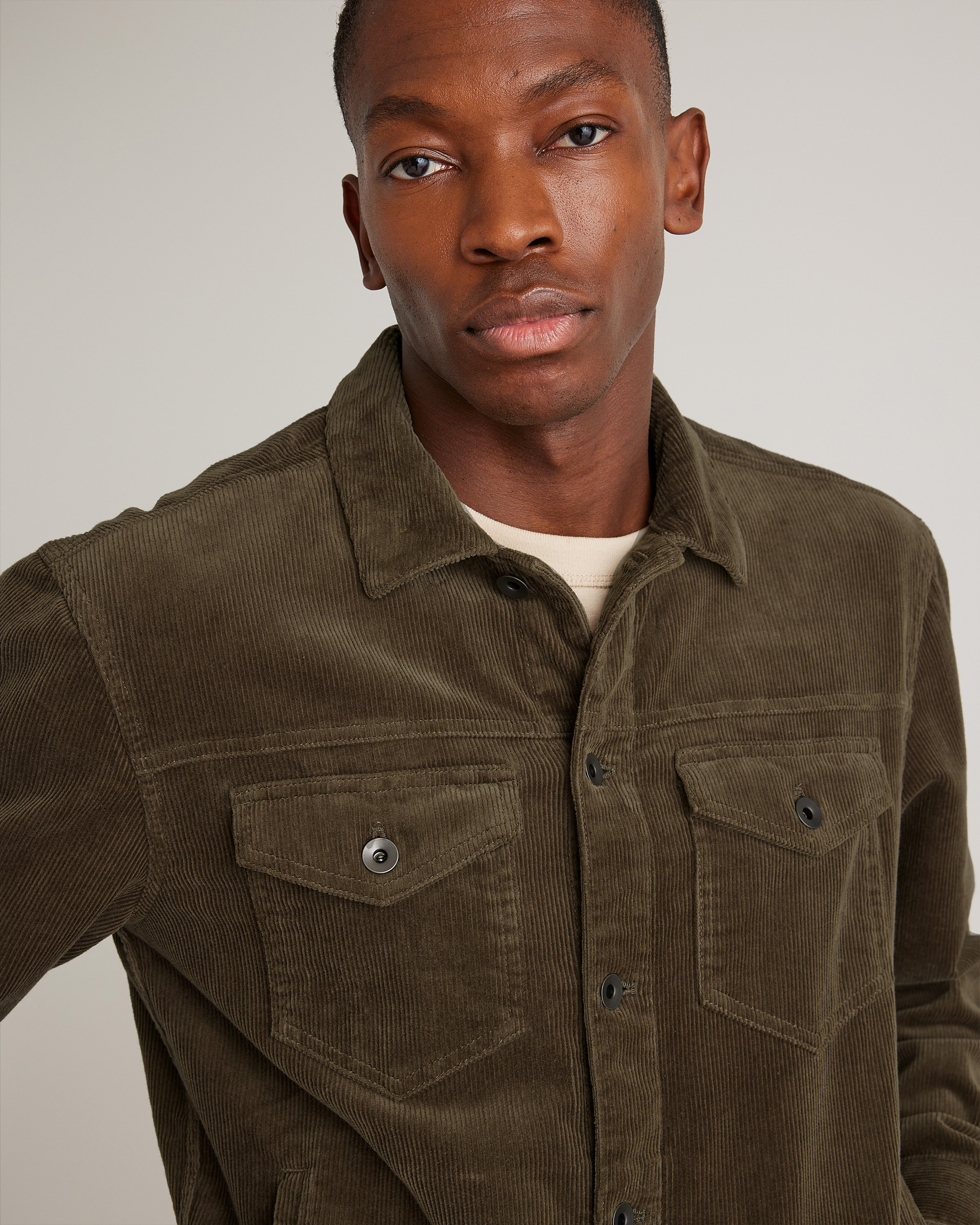 Organic Stretch Corduroy Trucker Jacket in Seaweed