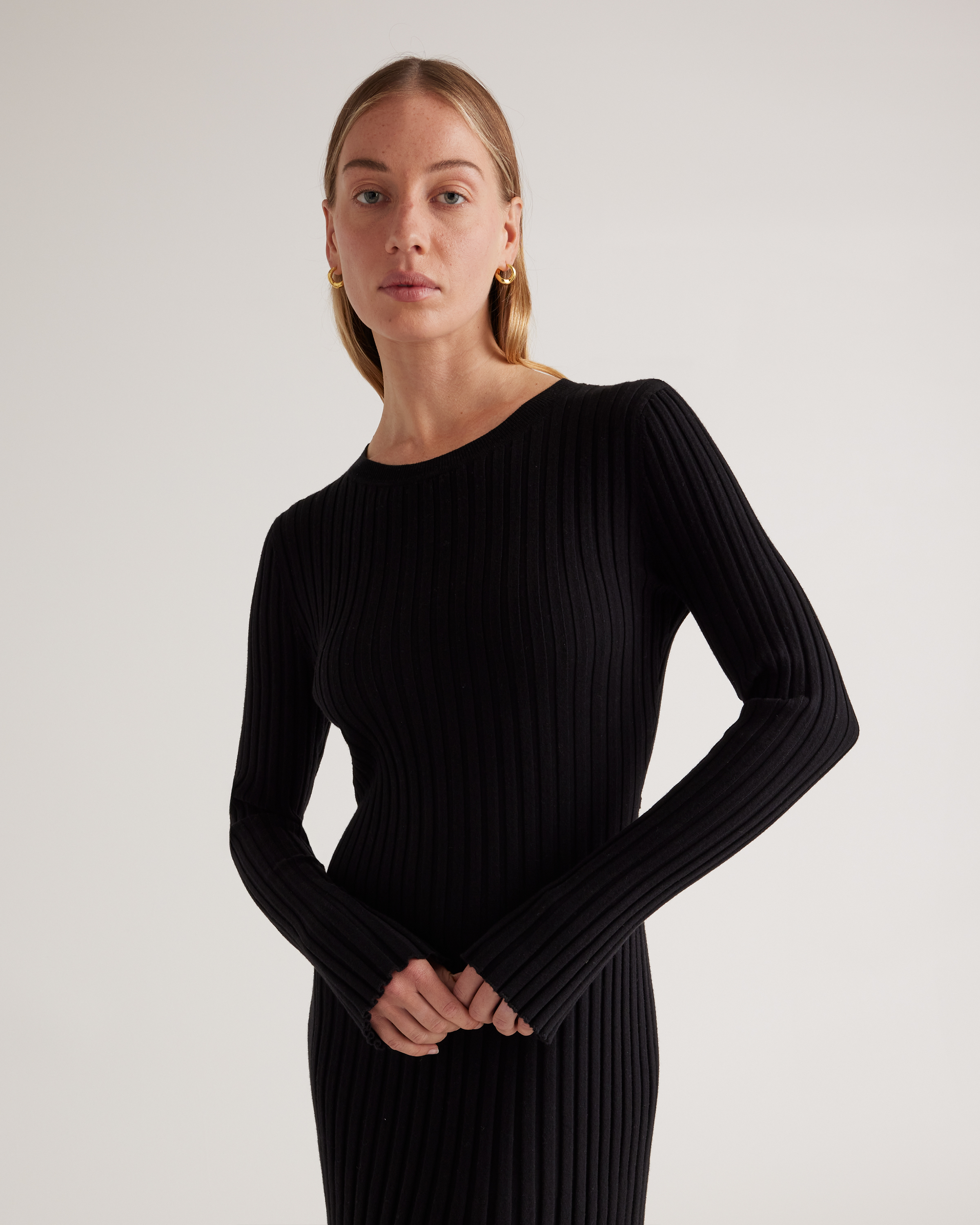 Cotton Cashmere Ribbed Long Sleeve Crew Midi Dress