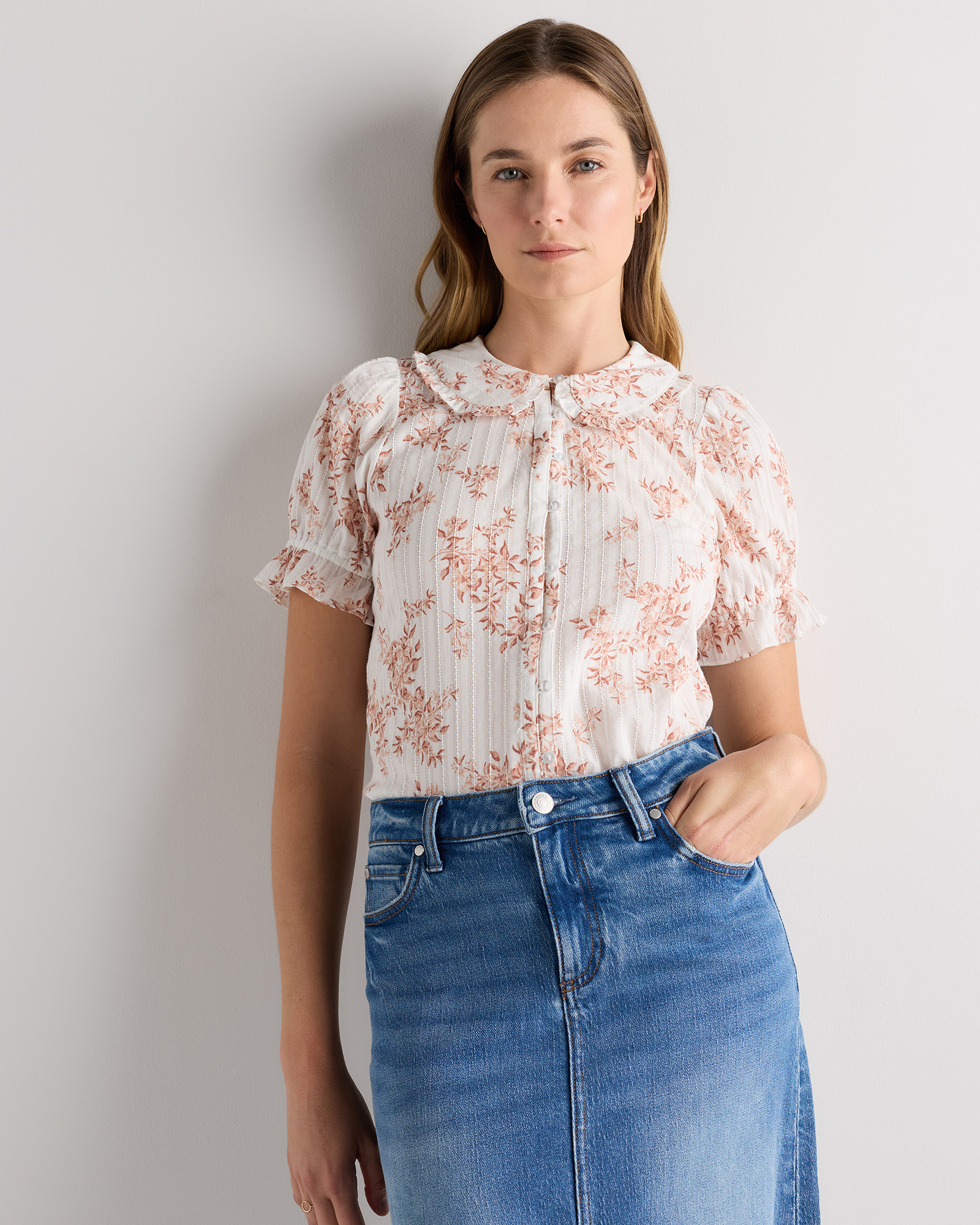 Ivory Rose Pink Petite Floral Embroidered Cotton Ruffle Collar Short Sleeve Blouse