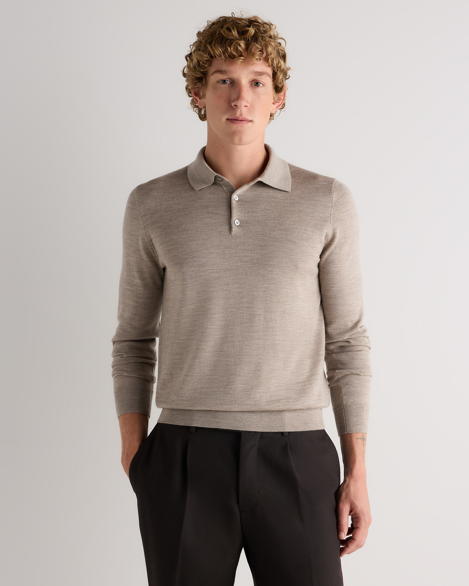 Tan Heather Worsted Merino Wool Polo Sweater