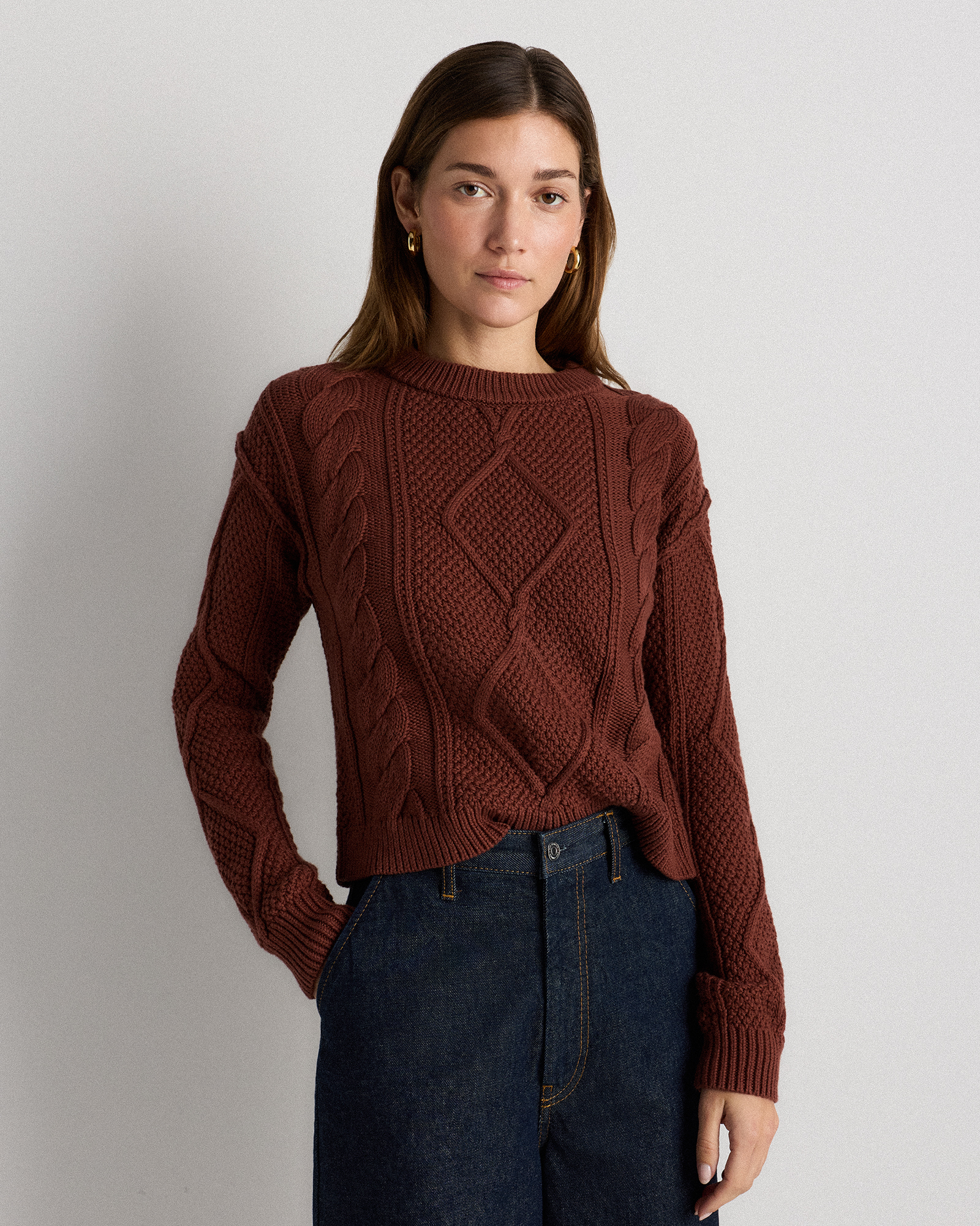 Redwood Brown 100% Organic Cotton Cropped Cable Crew Sweater