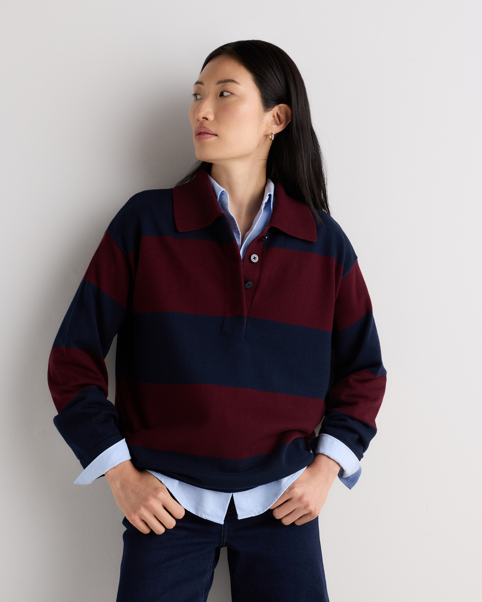 Rich Burgundy / True Navy Rugby Stripe Cotton Cashmere Rugby Polo Sweater
