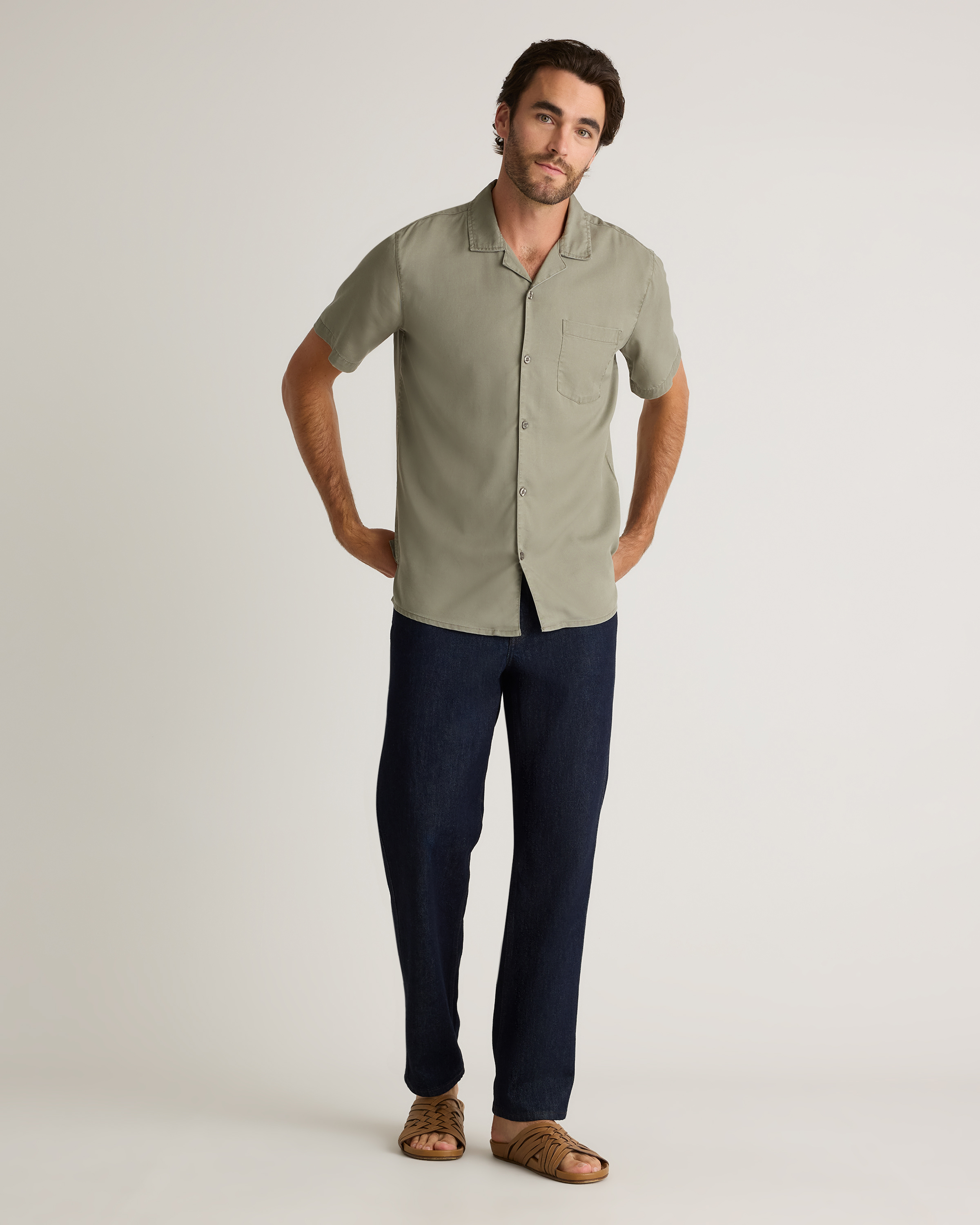 Vintage Wash Tencel Camp Shirt in Olive
