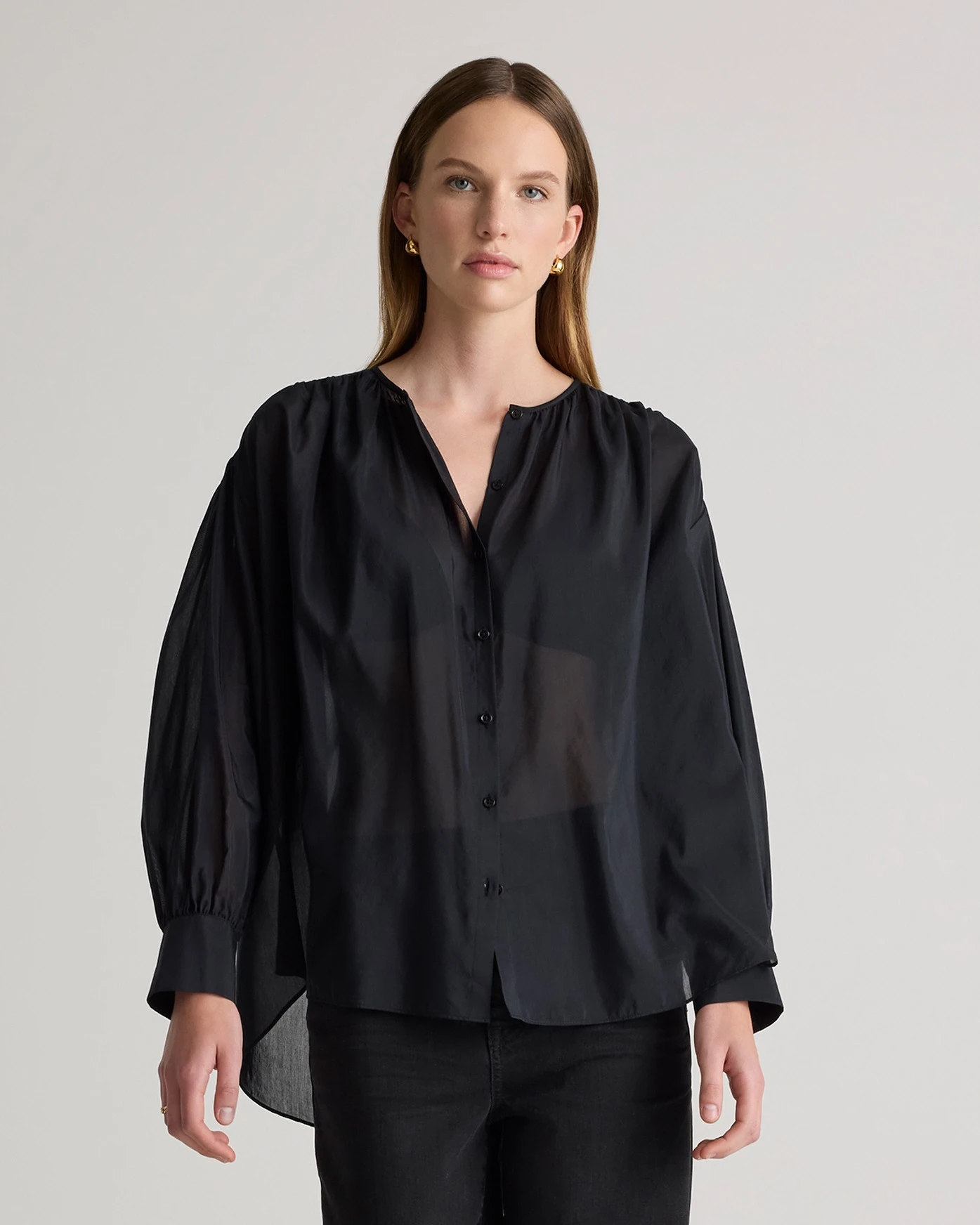 Cotton-Silk Voile Blouson Blouse