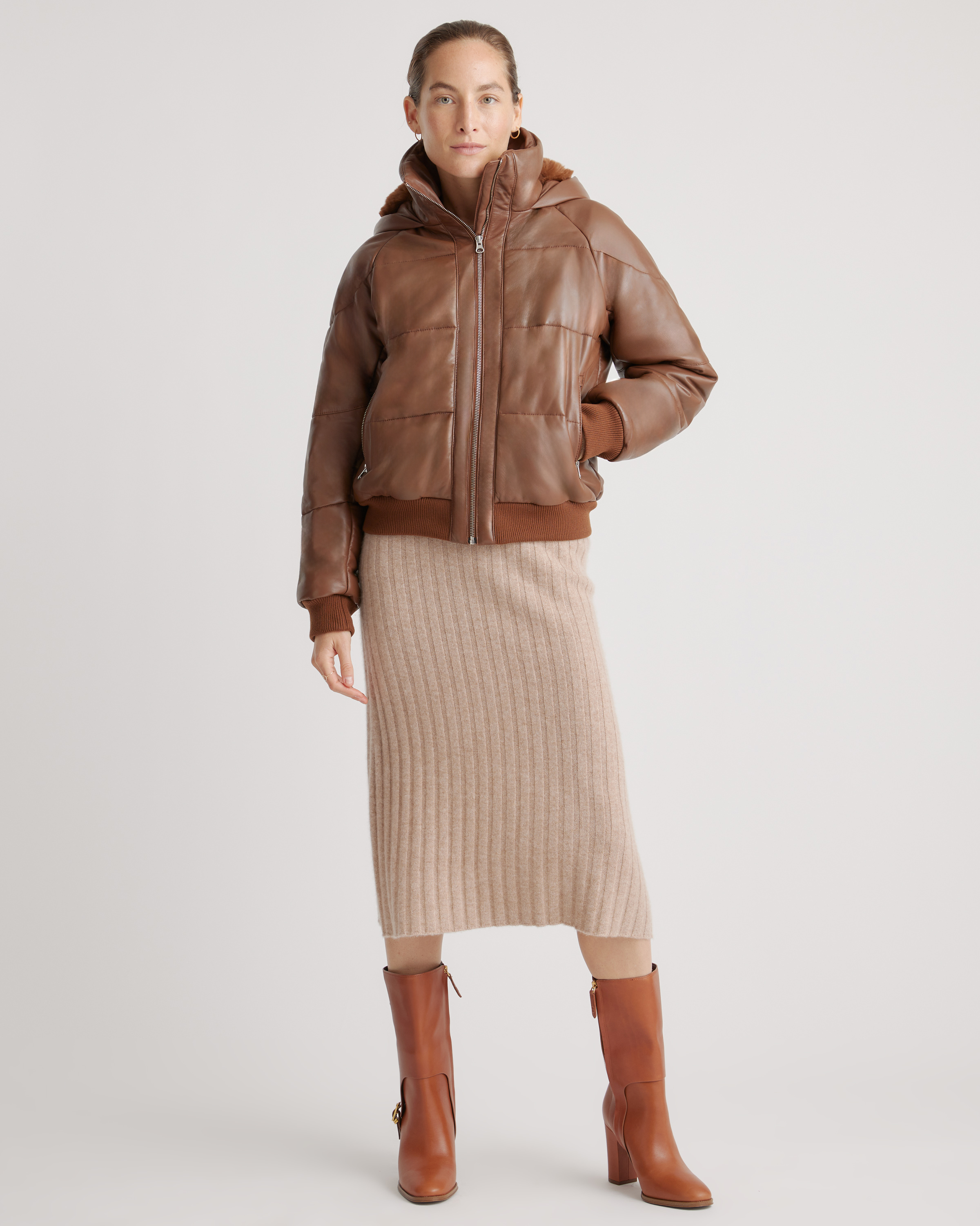 【PALE JADE】24FW Dandy Leather Padded Jacket In Brown 100% Leather Puffer Jacket