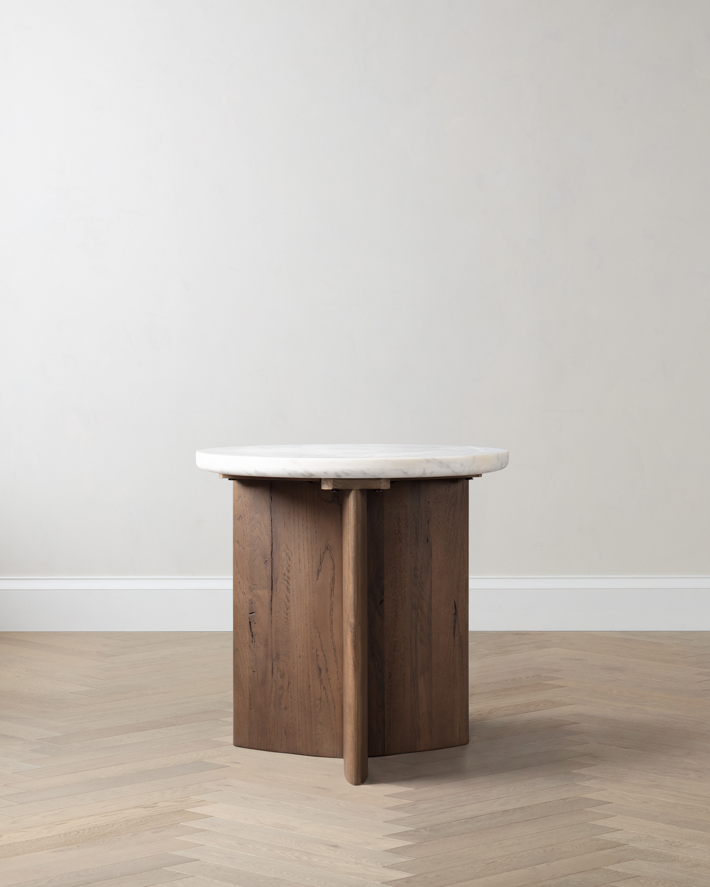 White/Ash Genuine Marble and Oak Pedestal End Table