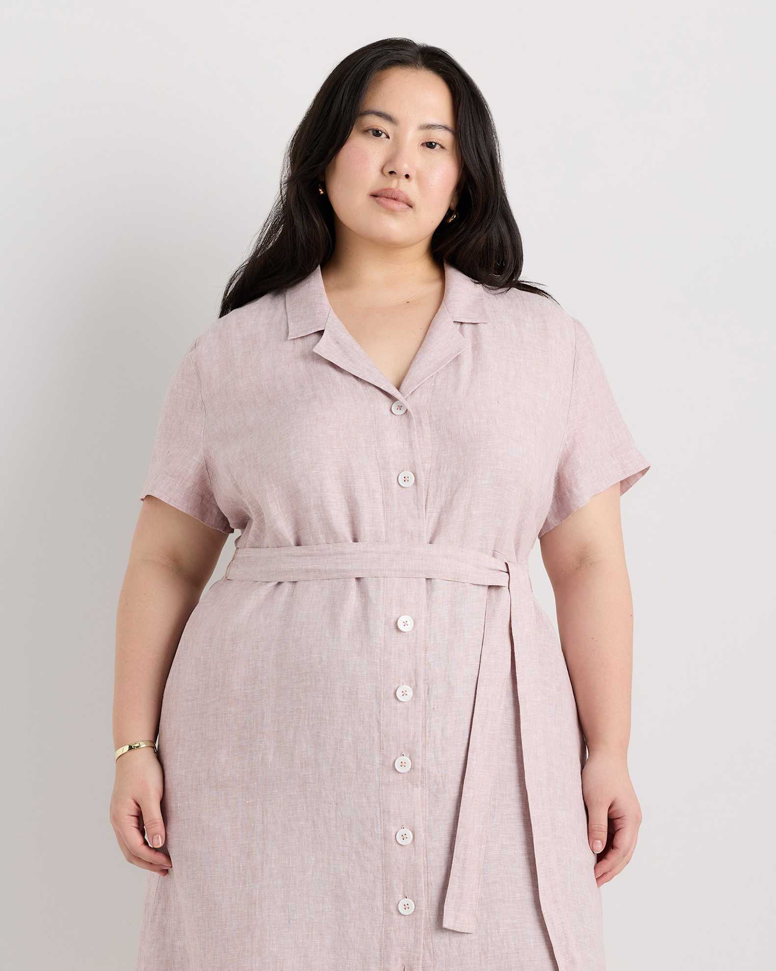 Extended Sizes 100% European Linen Button Front Dress - Plus Size in Vintage Pink Chambray Extended Sizes 100% European Linen Button Front Dress - Plus Size in Vintage Pink Chambray