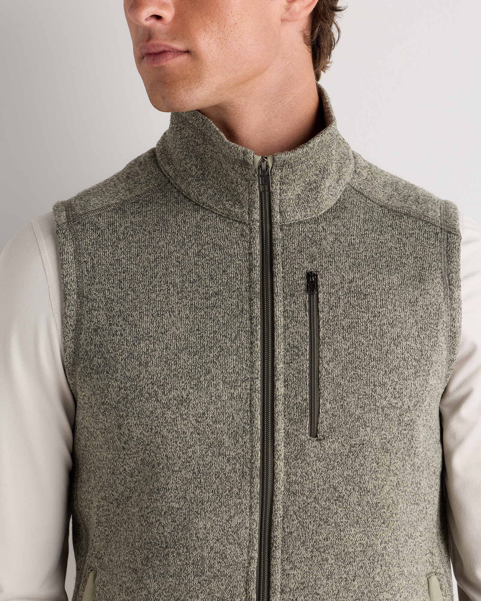 Sweater-Knit Fleece Full-Zip Vest in Heather Mineral Green