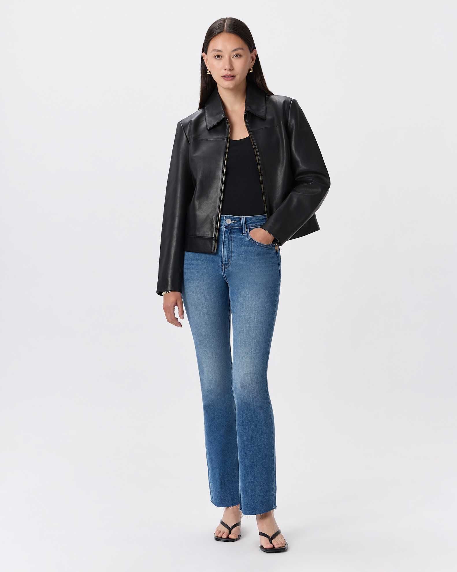 100% Leather Cropped Zip-Front Jacket in True Black
