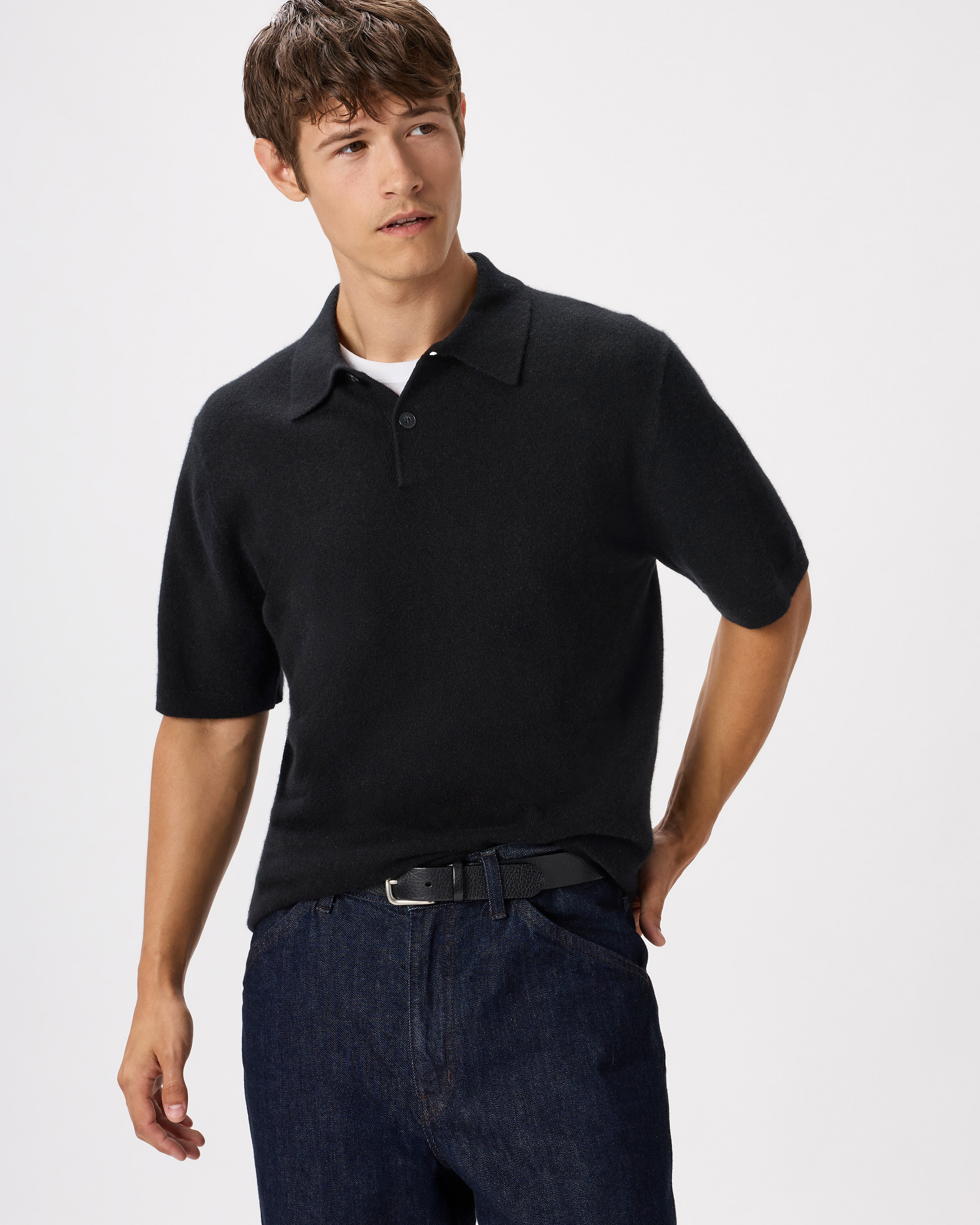 Black 100% Mongolian Cashmere Short Sleeve Polo Sweater