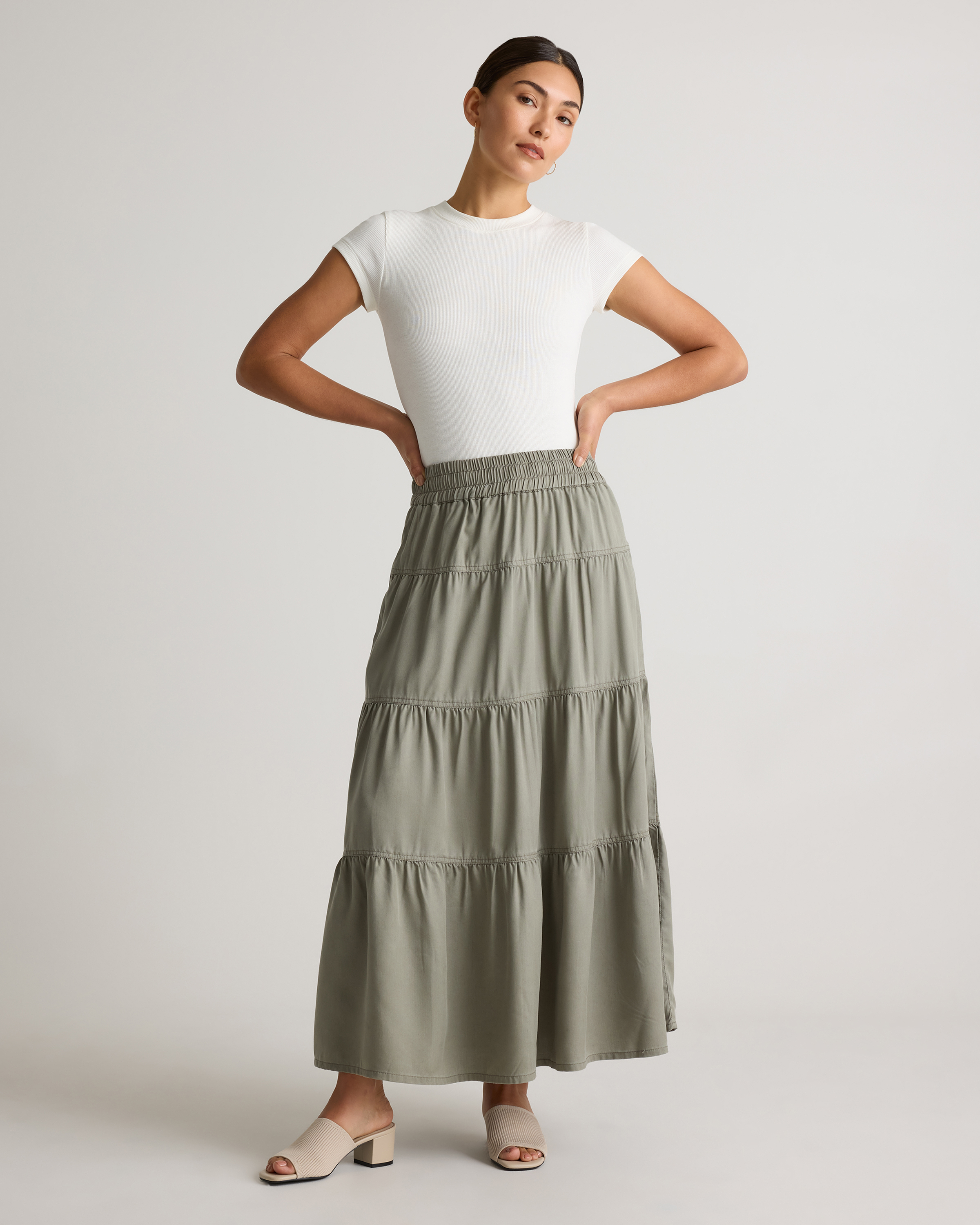 Vintage Wash Tencel Tiered Maxi Skirt in Olive