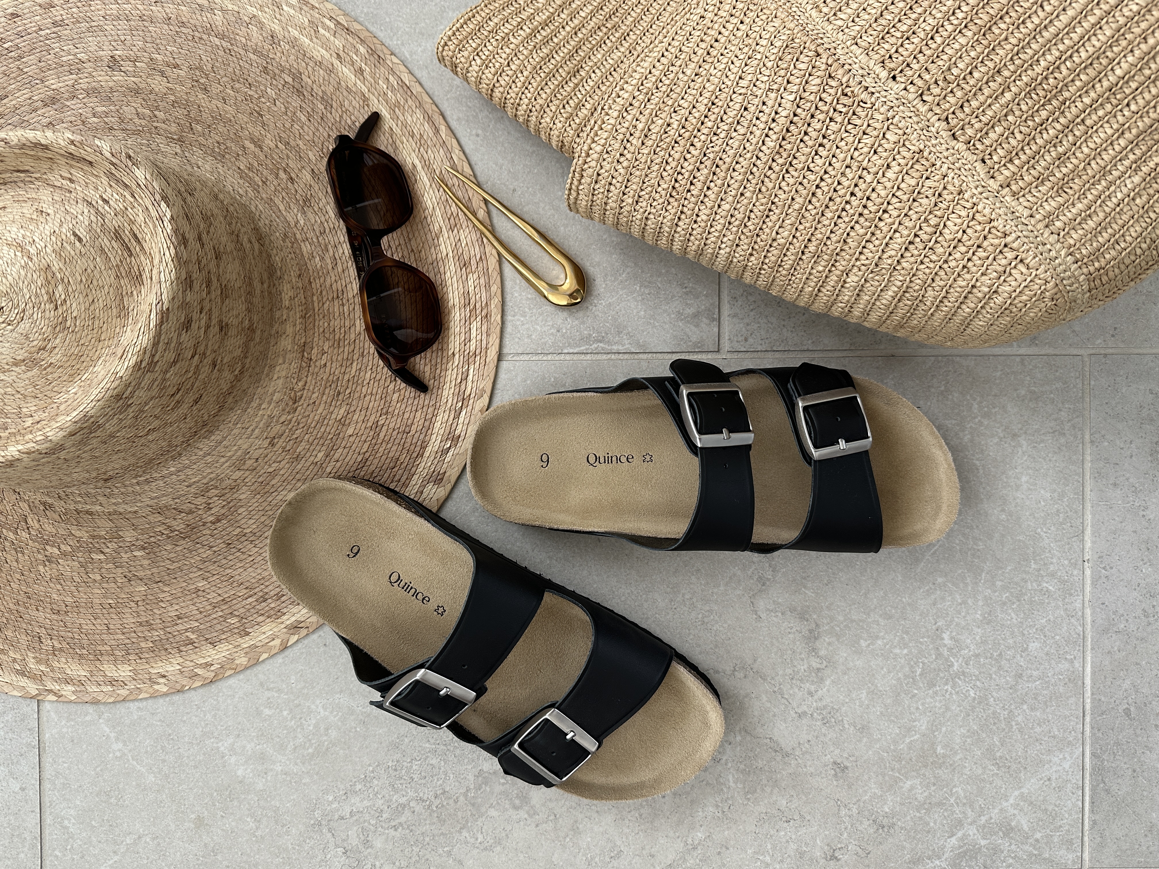 Black Nappa Leather Double Buckle Slide