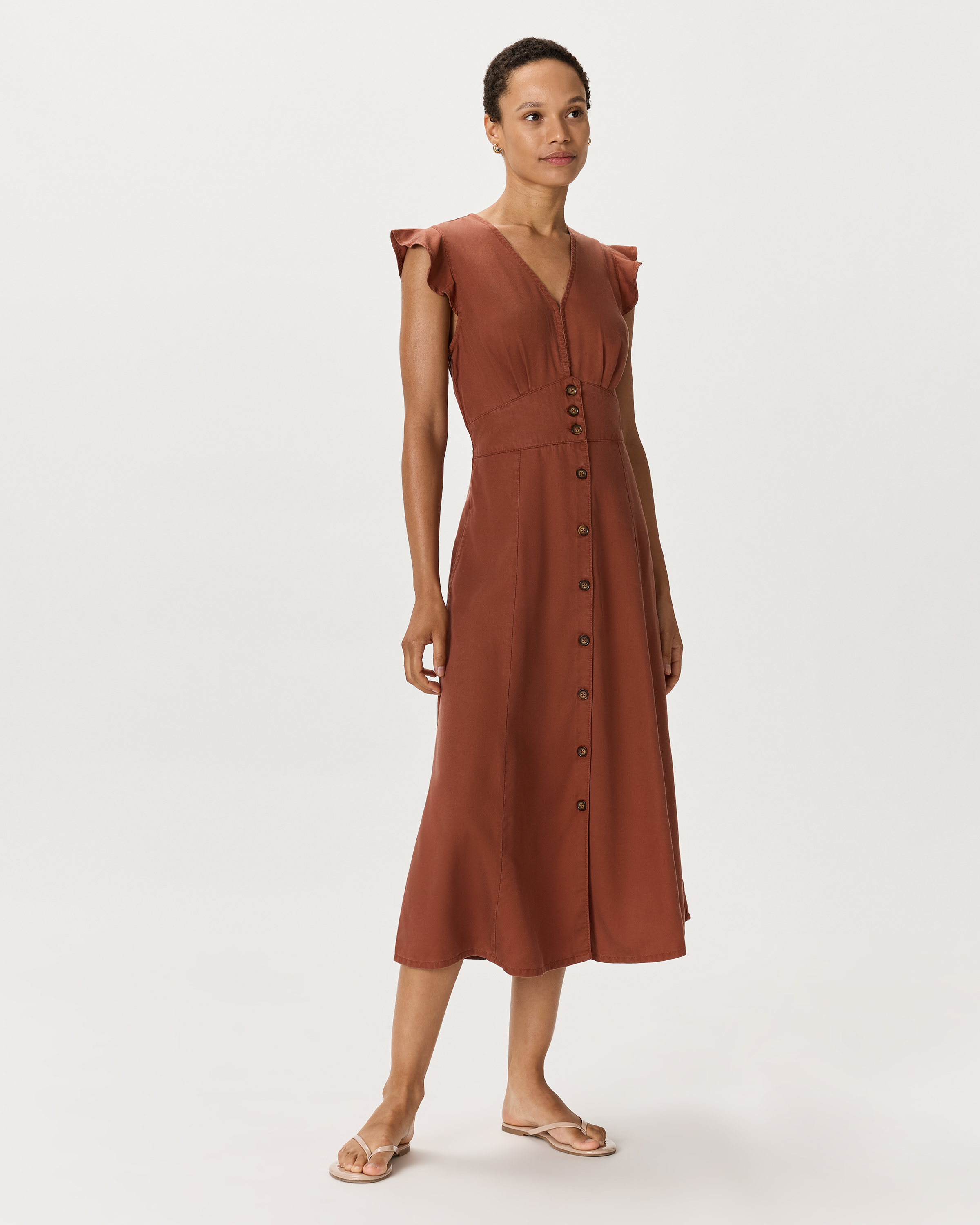 Terracotta Vintage Wash Tencel Button Front Midi Dress