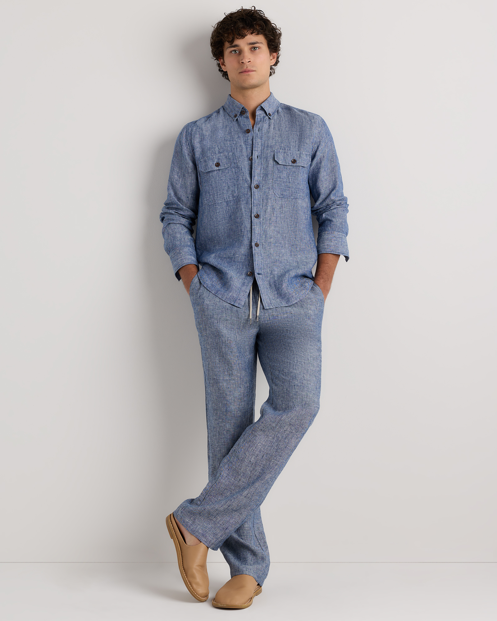100% European Linen Drawstring Beach Pants in Chambray Blue