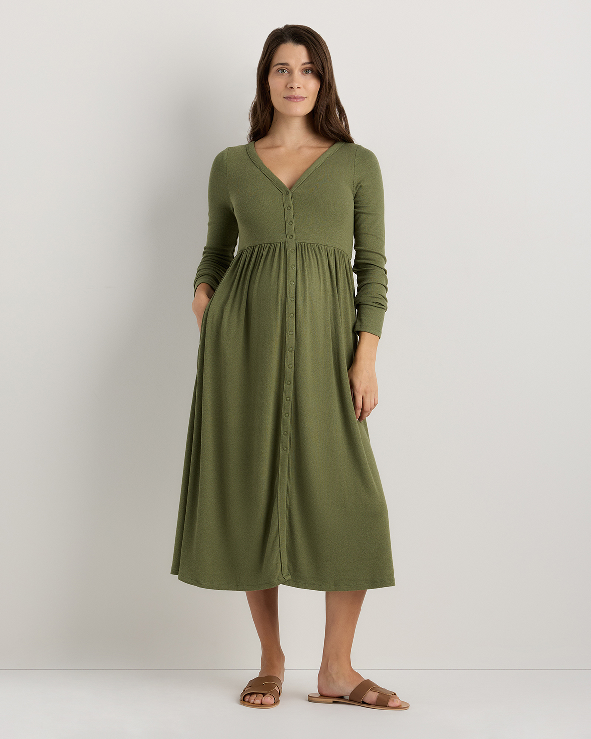 Green Tea Bamboo Rib Maternity Long Sleeve Button Front Dress