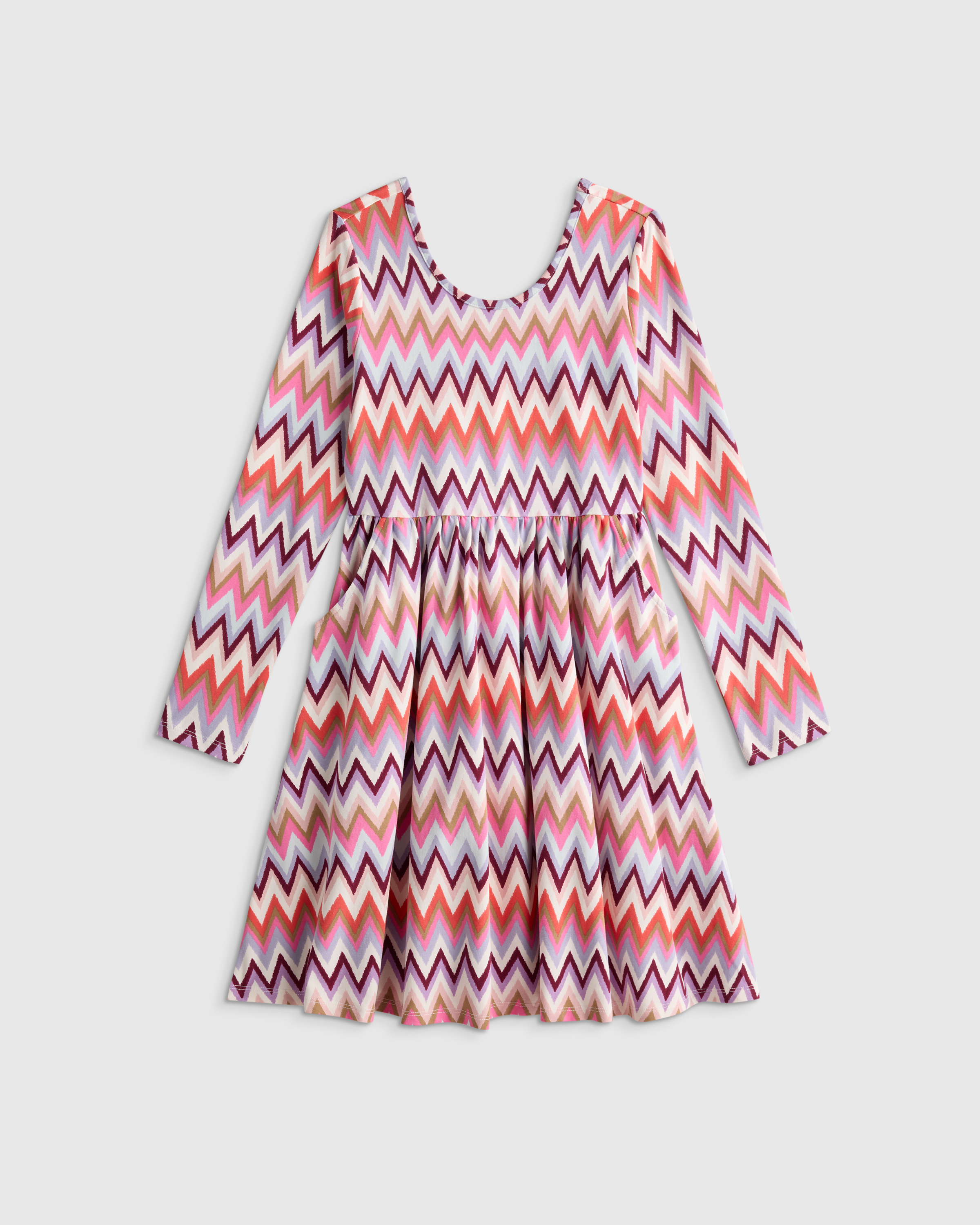 Multi Chevron Organic Cotton Long Sleeve Skater Dress 