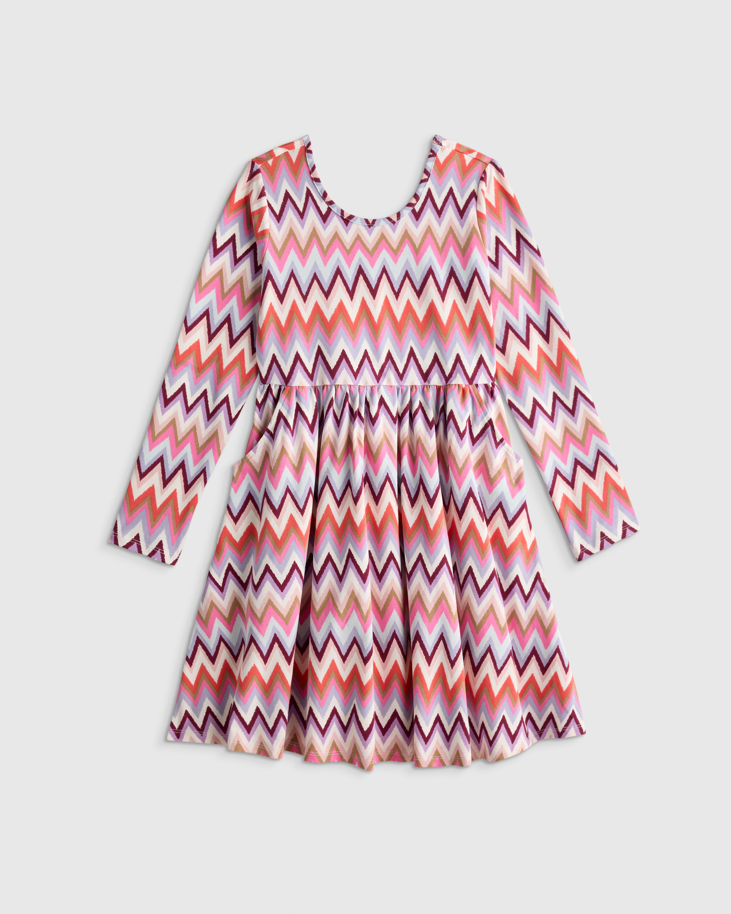 Multi Chevron Organic Cotton Long Sleeve Skater Dress 