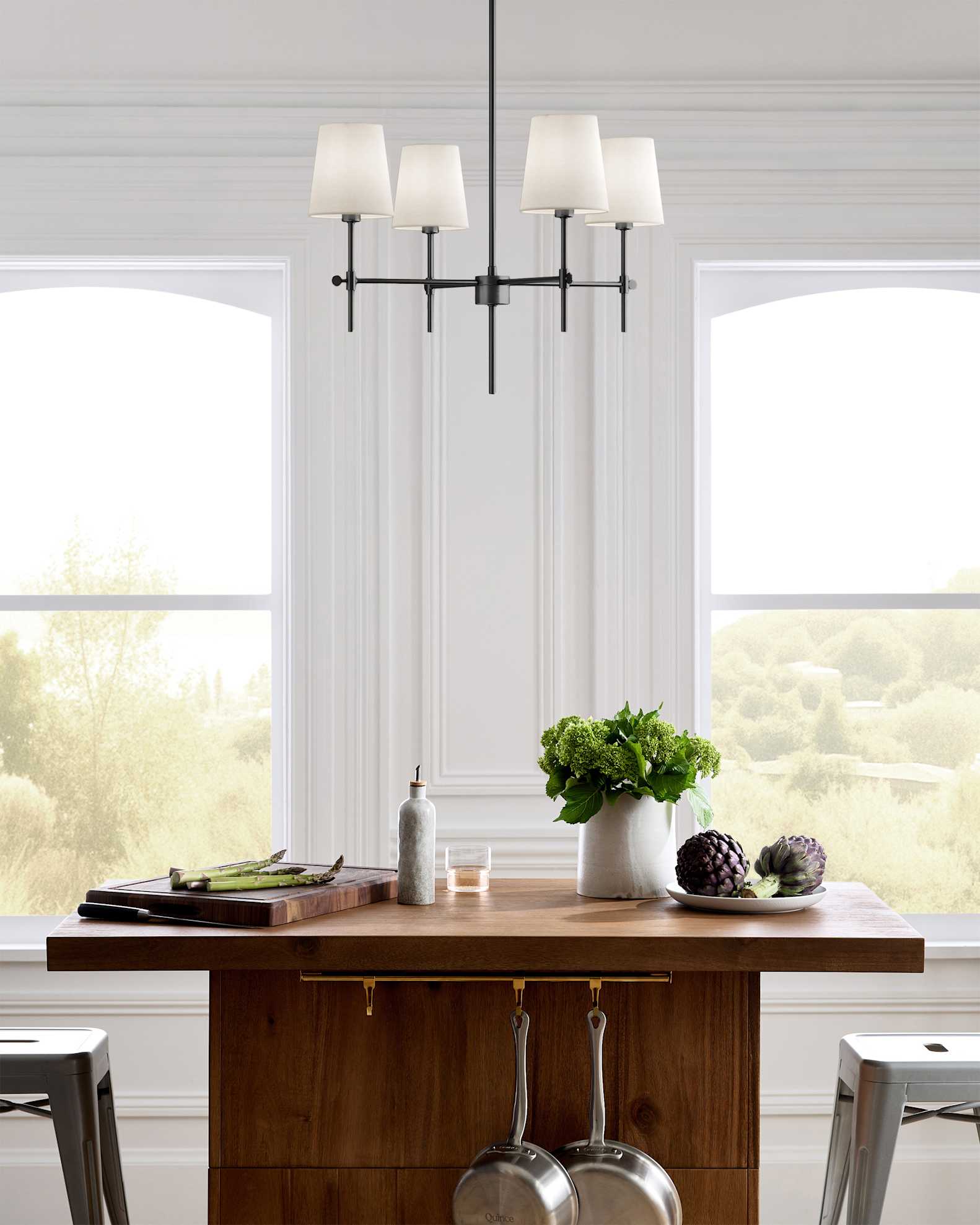 Linear Steel Chandelier with Linen Shades