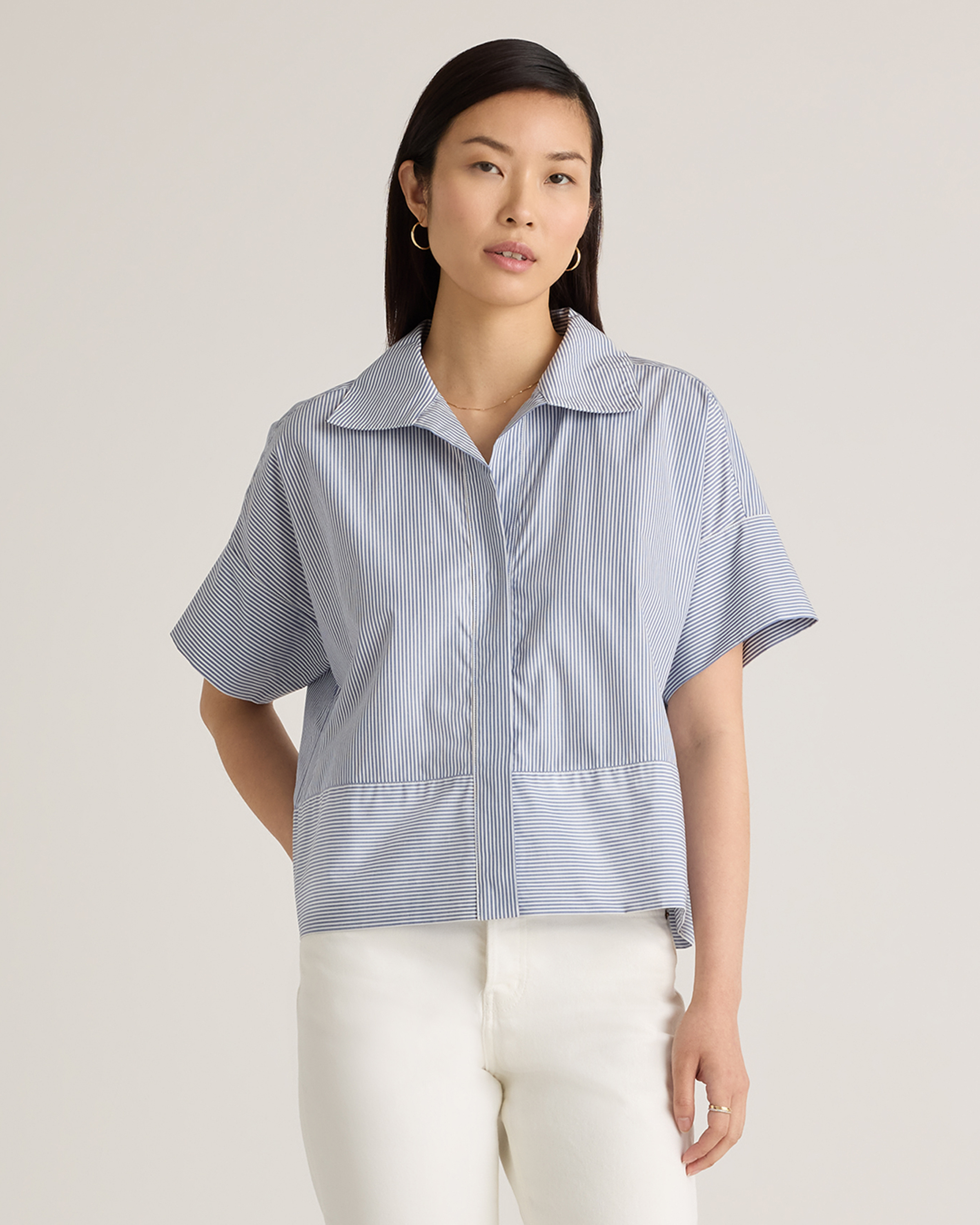 Light Blue Stripe 100% Organic Cotton Poplin Boxy Short Sleeve Shirt 