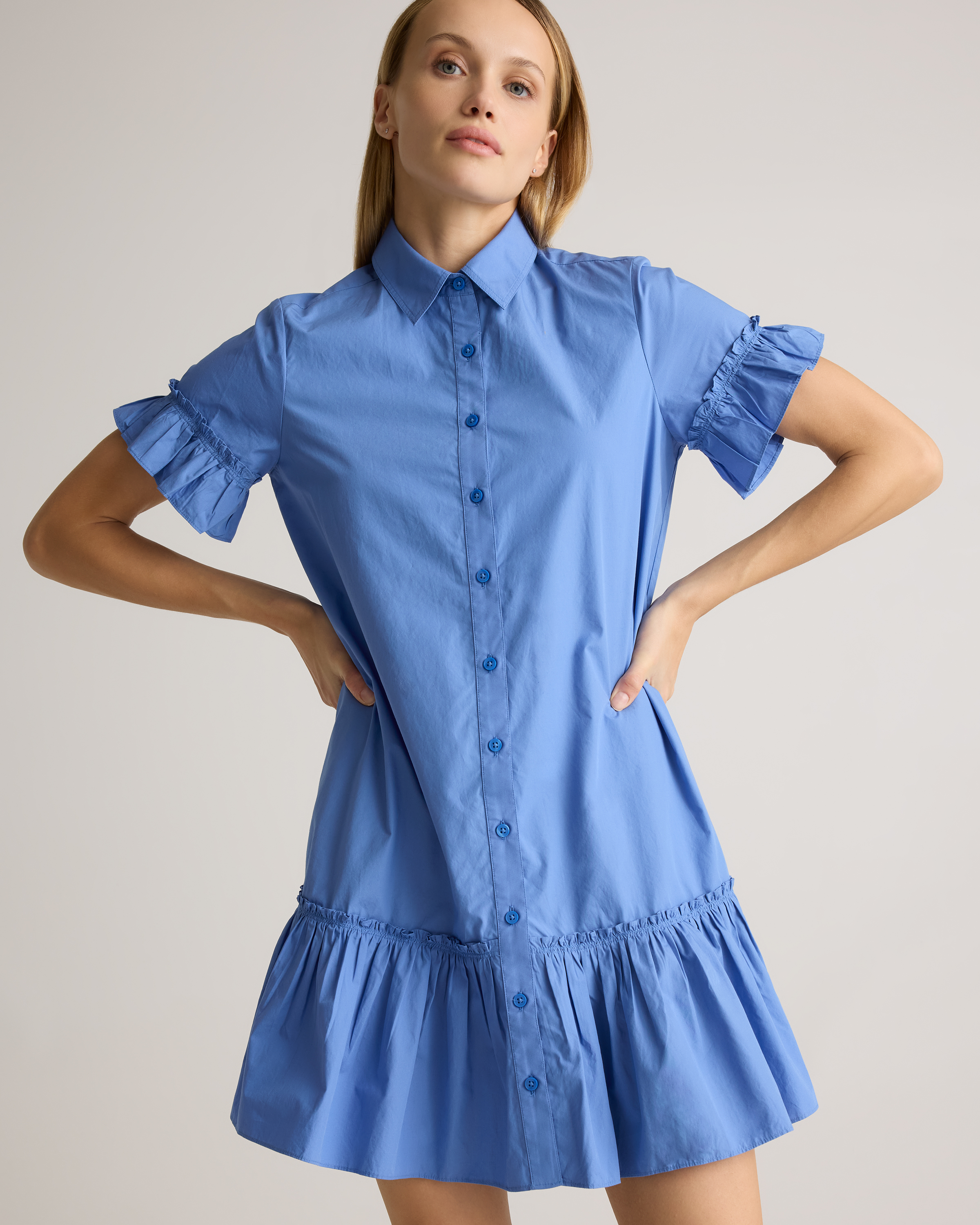 トップス DEAR DANSKIN STRETCH RUFFLE SHIRTS L Denim Ruffle Trim Shell | Talbots
