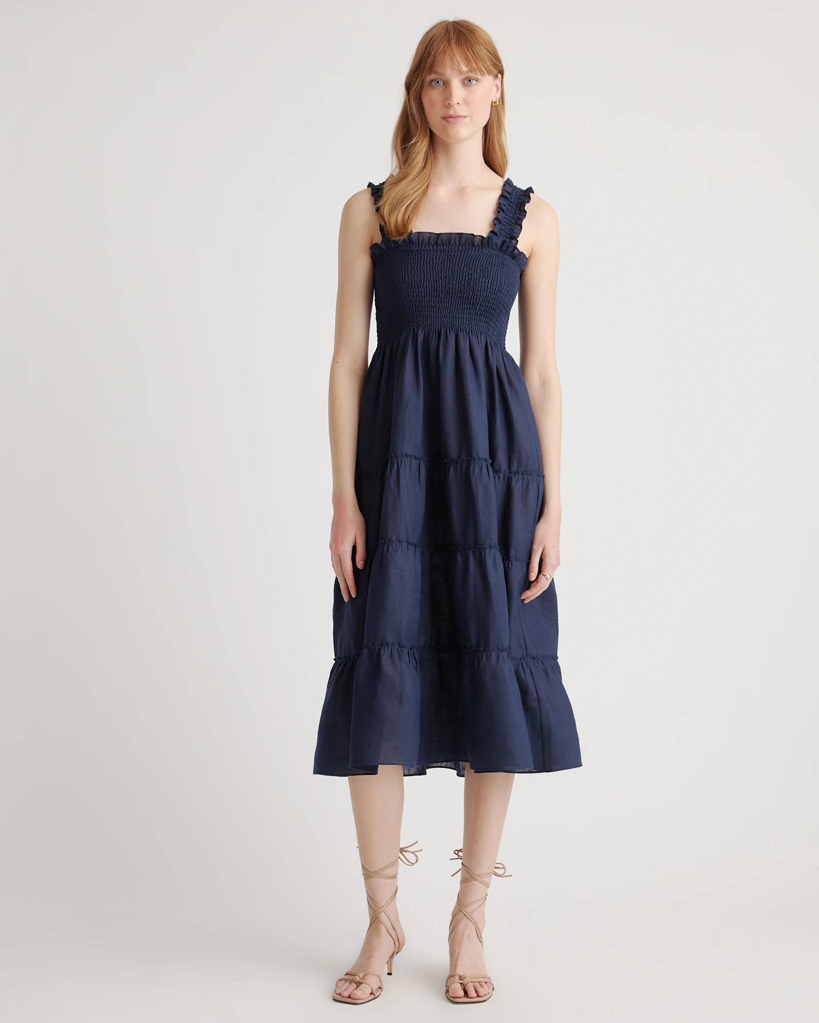 100% European Linen Smocked Midi Dress in Deep Navy
