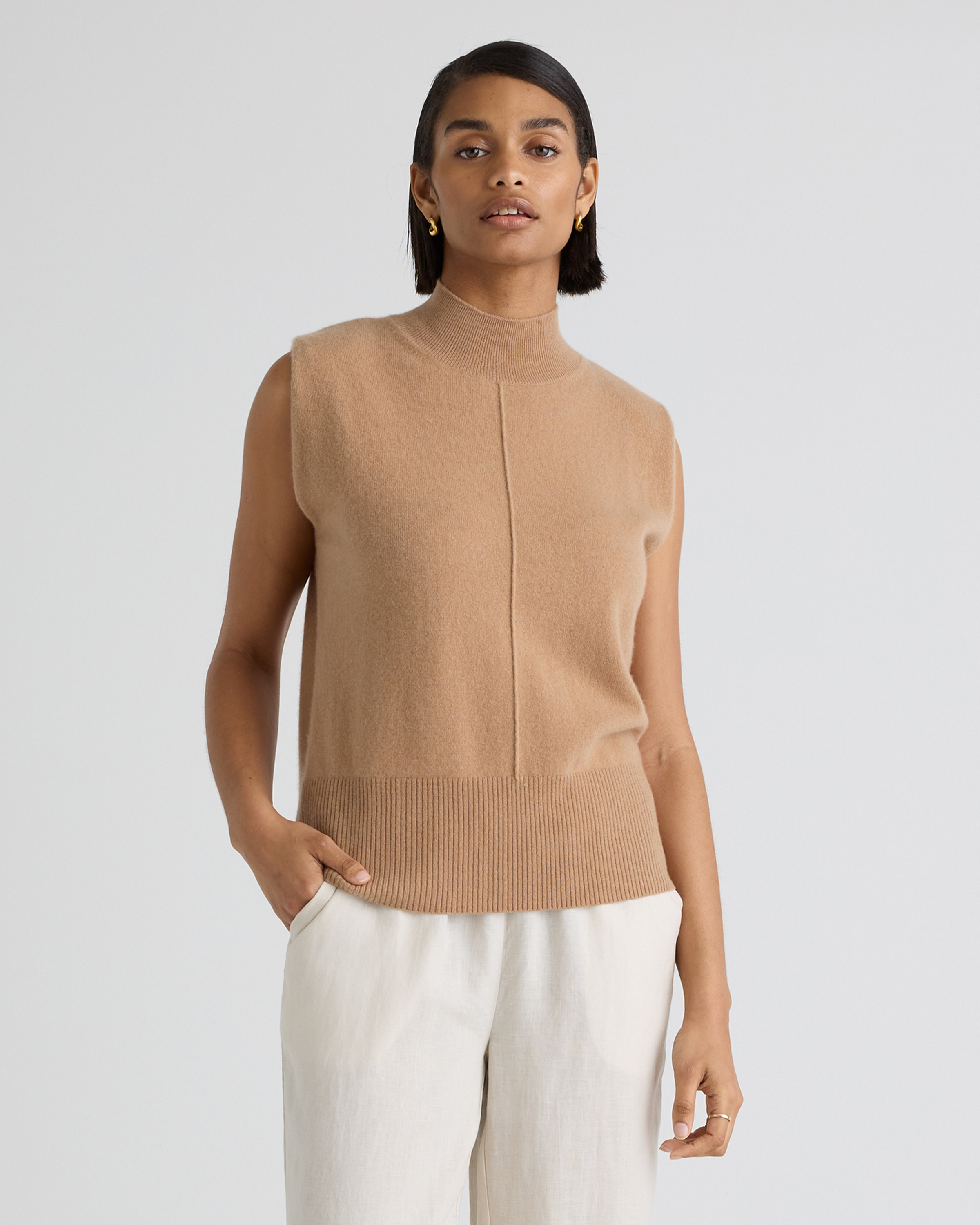 Camel Mongolian Cashmere Padded-Shoulder Sweater Tank